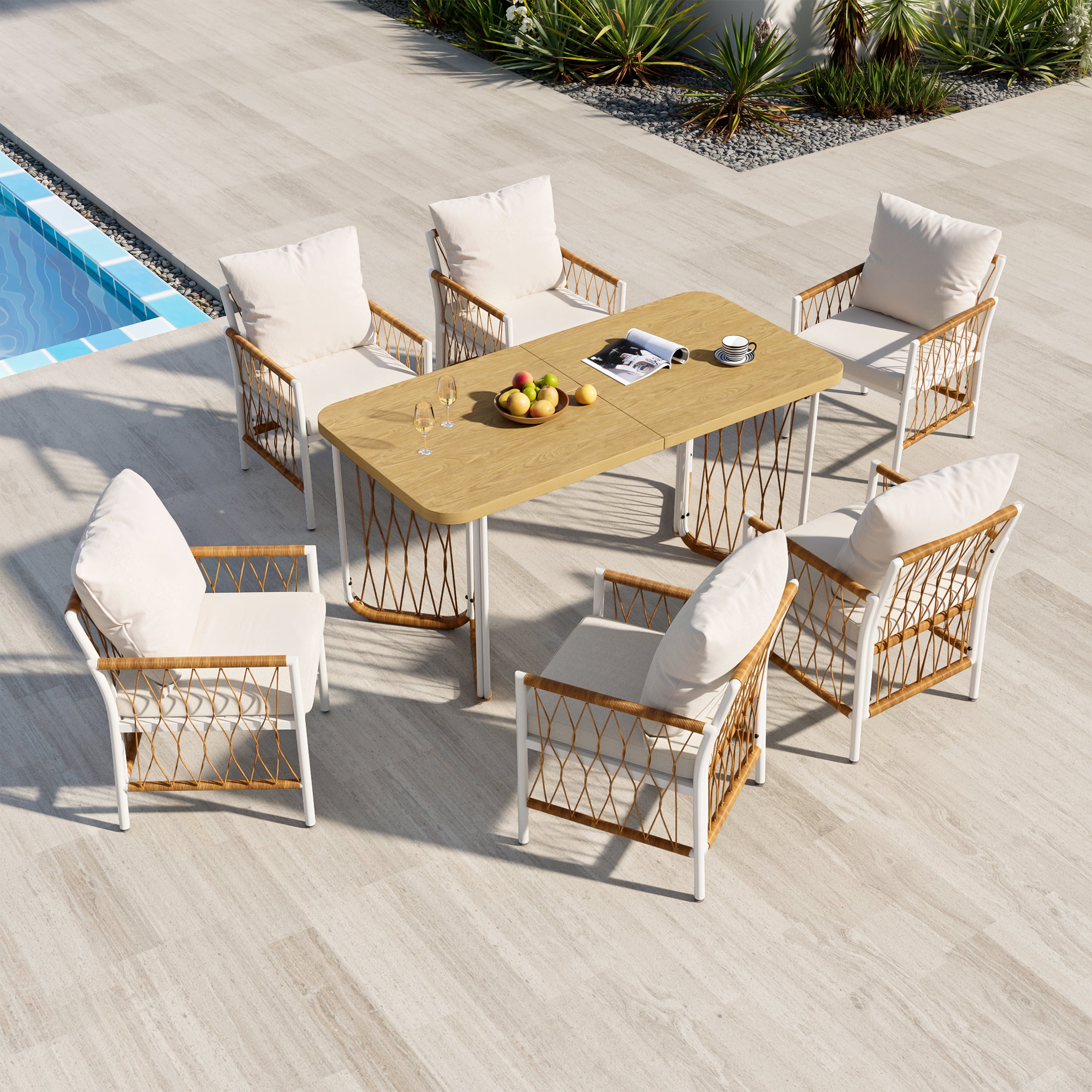 Modern Outdoor Leisure and Meeting Set with Woven Armrests and Cushions, Iron Frame