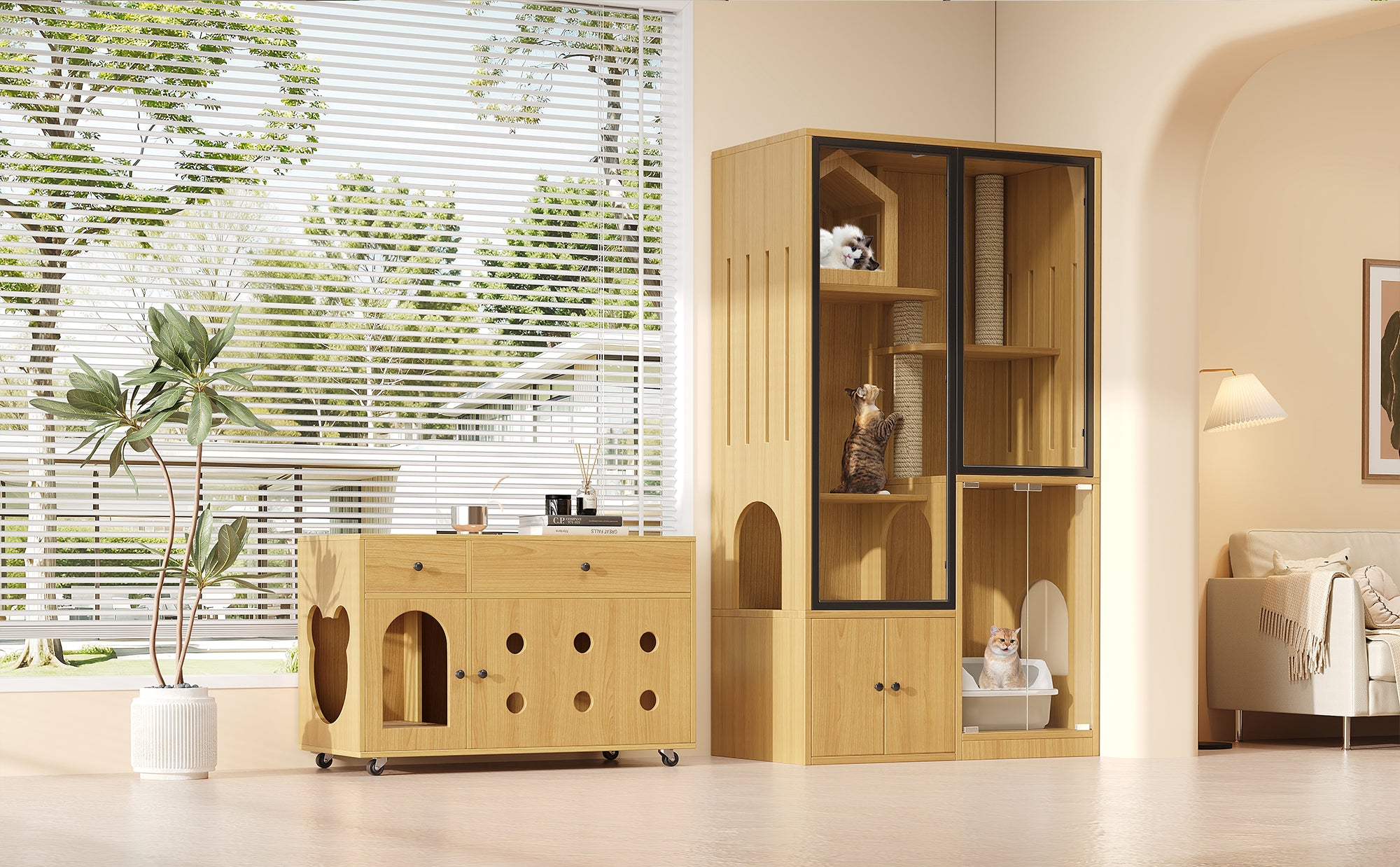 Cat Villa Litter Box Cabinet Glass House - Yellow Maple Wood Color