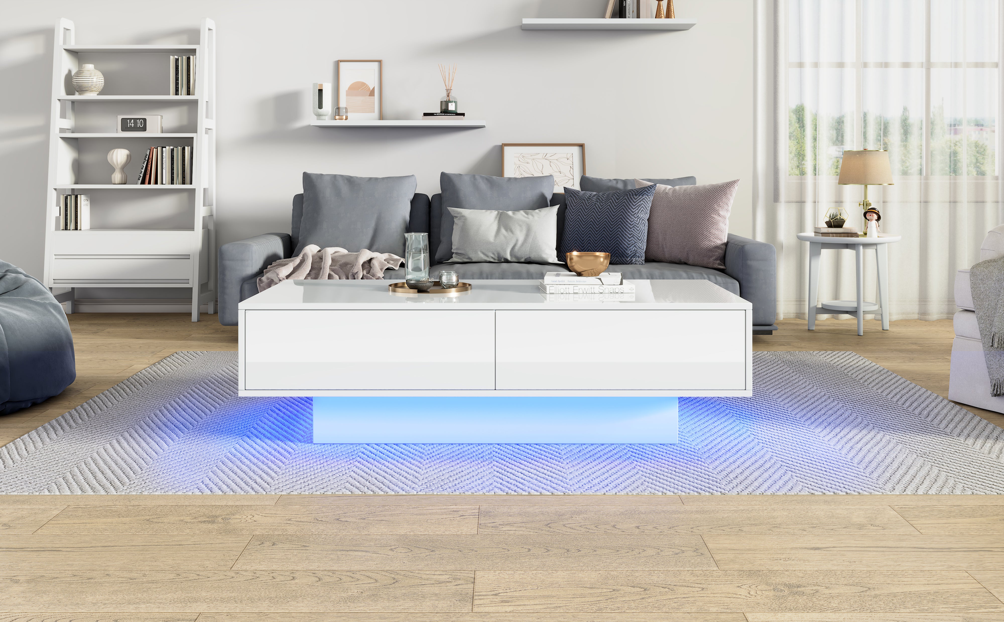 Coffee Table, Modern High-Gloss with 2 Drawers, LED Lighting, White