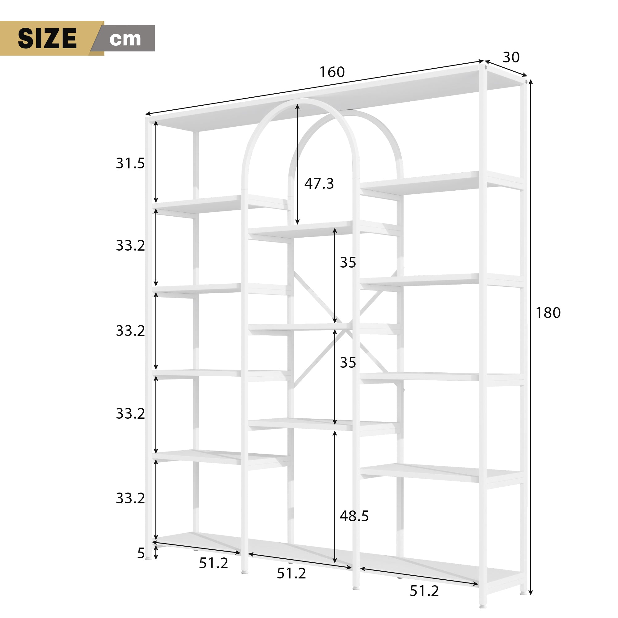 Shelf 160x30x180cm Minimalist Multiple Storage MDF/Steel White