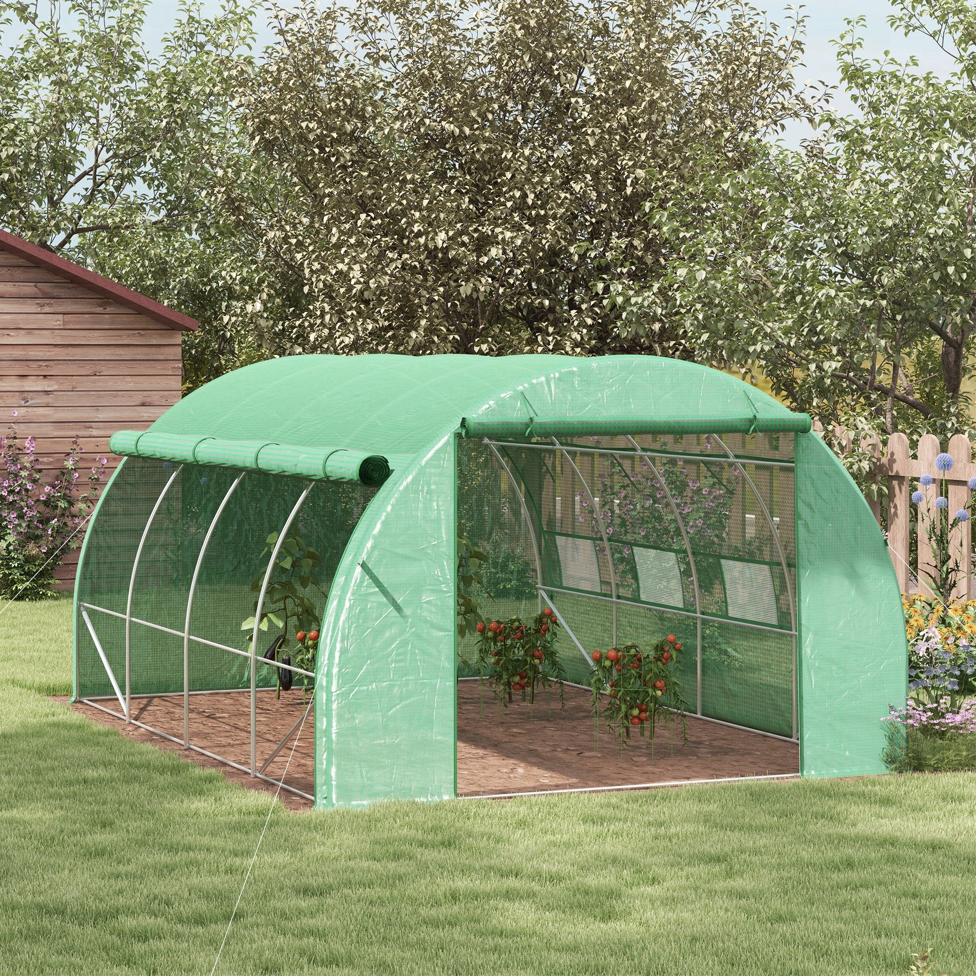 Polytunnel Foil Greenhouse 3.97x3x2m Walk-in UV Protection Roll-up Covers, Green Steel