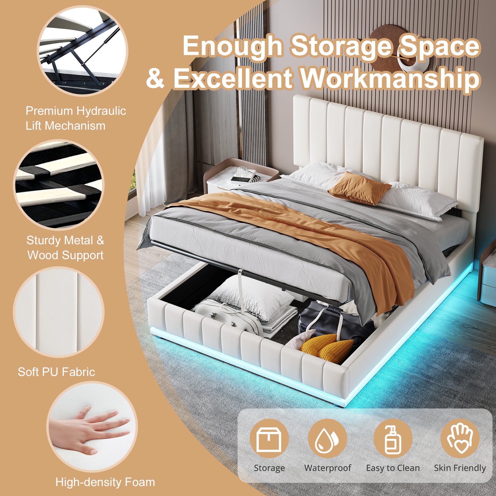 Ottoman King Bed with LED, Hydraulic Storage, PU Leather Cream White