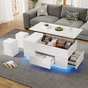 Coffee Table 4-in-1 Height-Adjustable LED 2 Drawers High-Gloss White