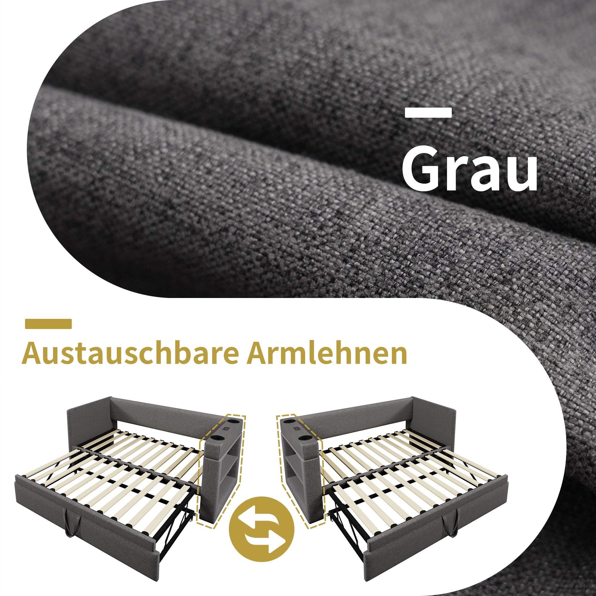 Upholstered Daybed 90x190 cm Single Bed Sofa with Pull-Out, USB/Type-C Port, Linen Blend Grey