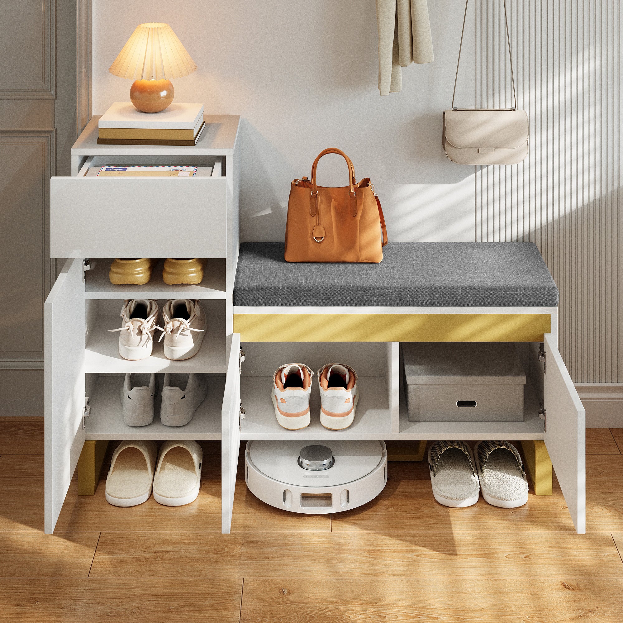 Shoe Cabinet Large Capacity Multi-Tier Storage with Drawers and Doors White MDF