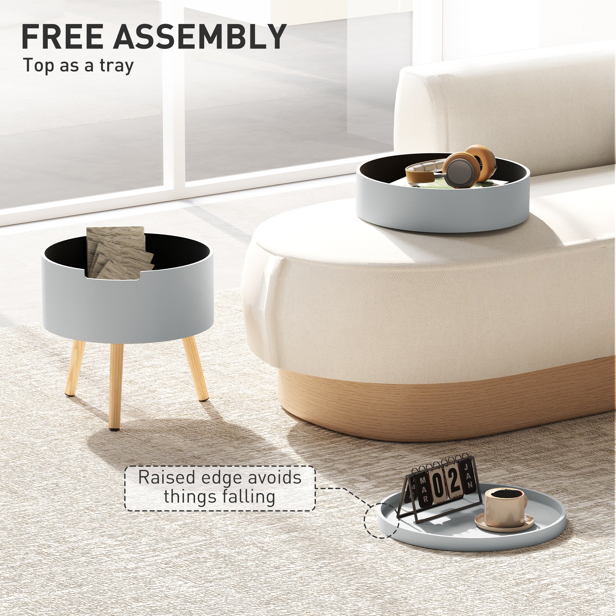 3-Tier Coffee Table, Round End Table with Hidden Storage and Detachable Tray, Grey