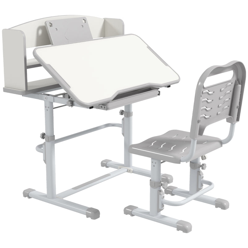 Height Adjustable Kids Study Table and Chair Set w/ Drawer, Storage Shelf, Grey