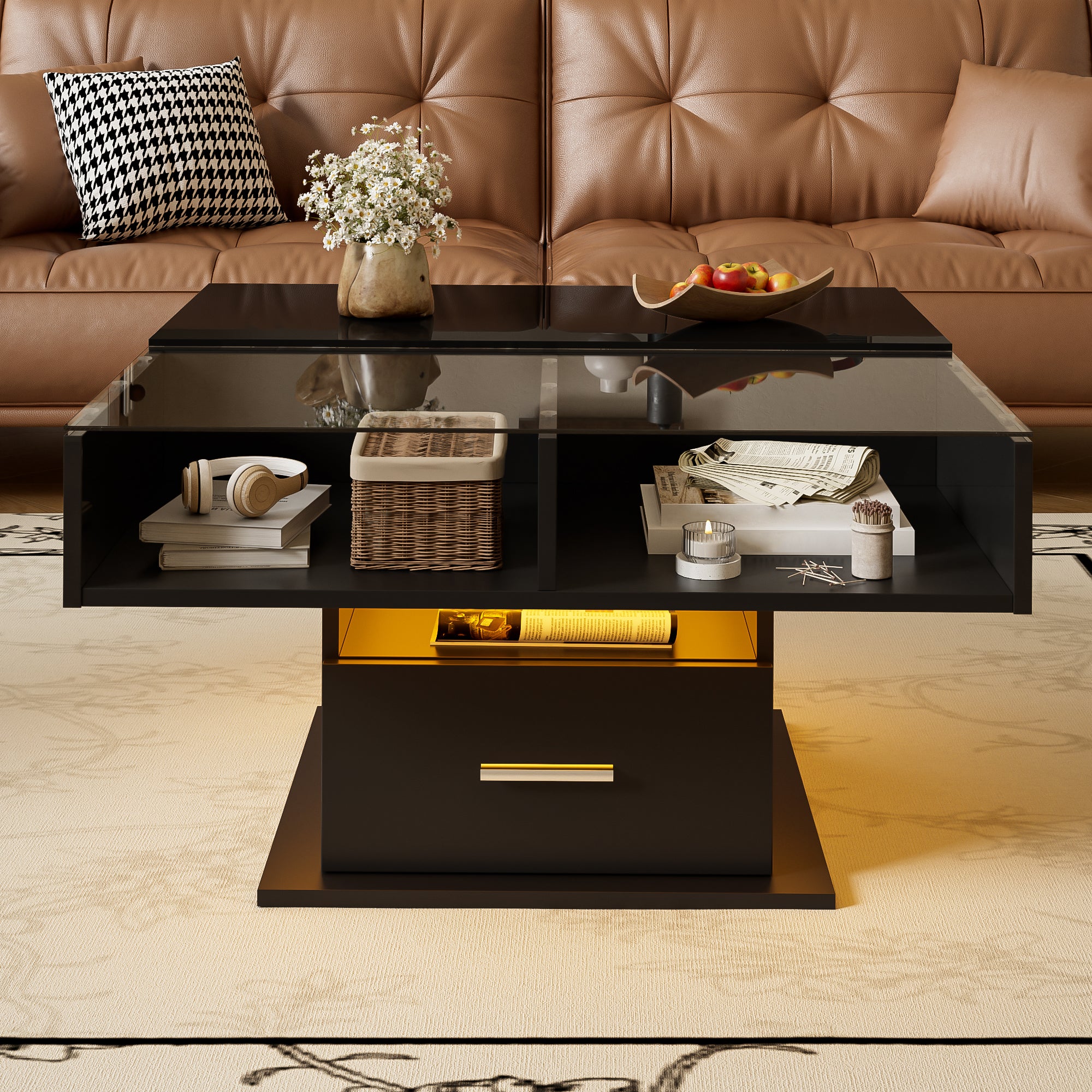 Multifunctional Coffee Table with LED Lighting, Adjustable Height, High-Gloss