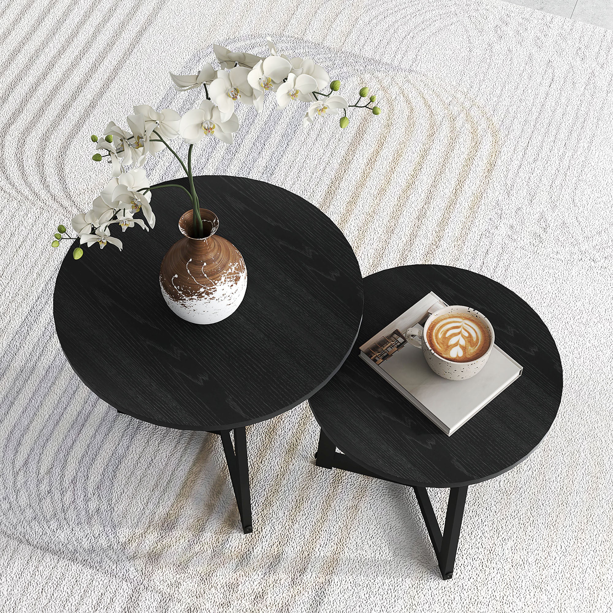 2-Piece Coffee Table Set Round Side Steel Frame, Black