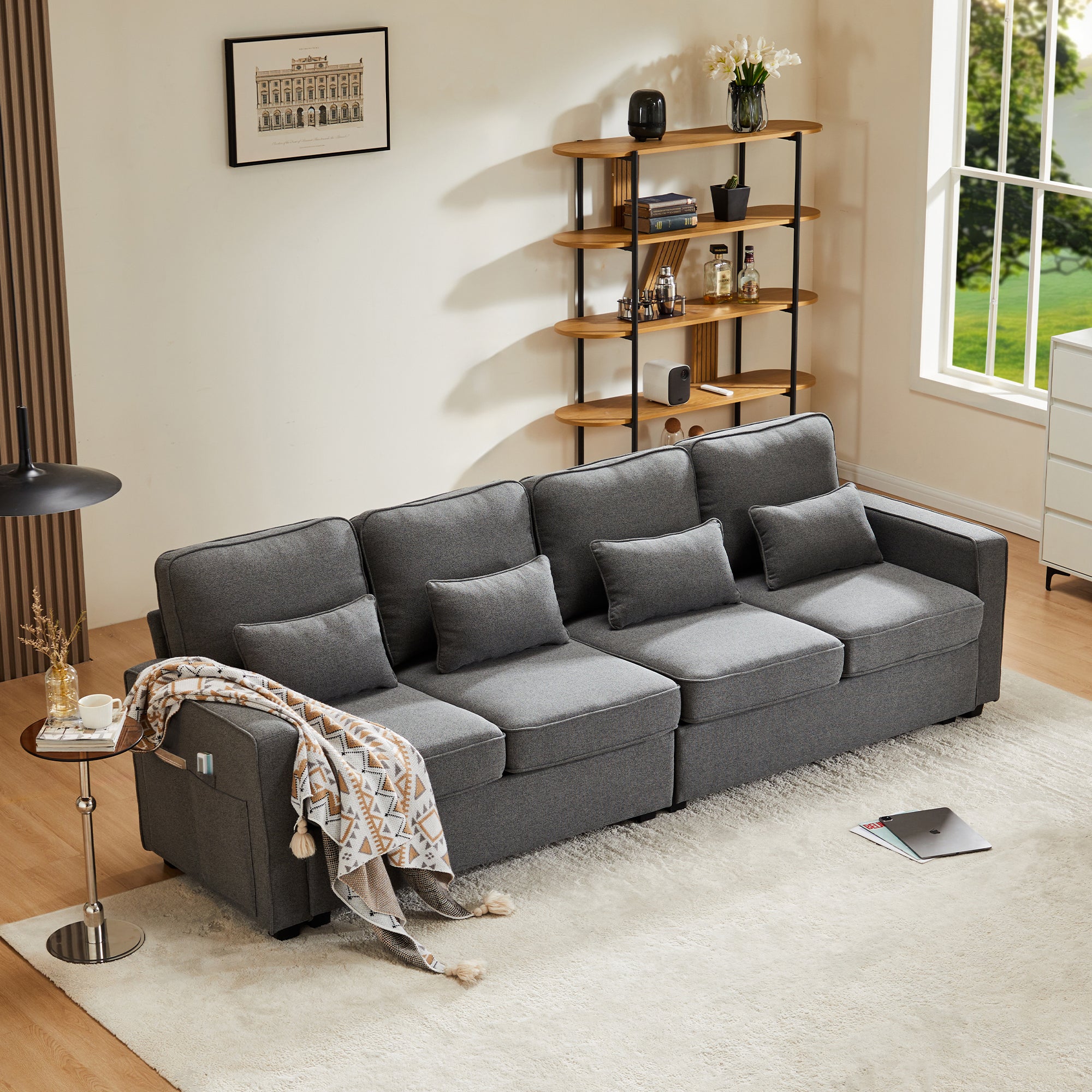 Modern 4-Seater Sofa, Simple Style with Armrest Pockets and 4 Cushions, Linen Fabric