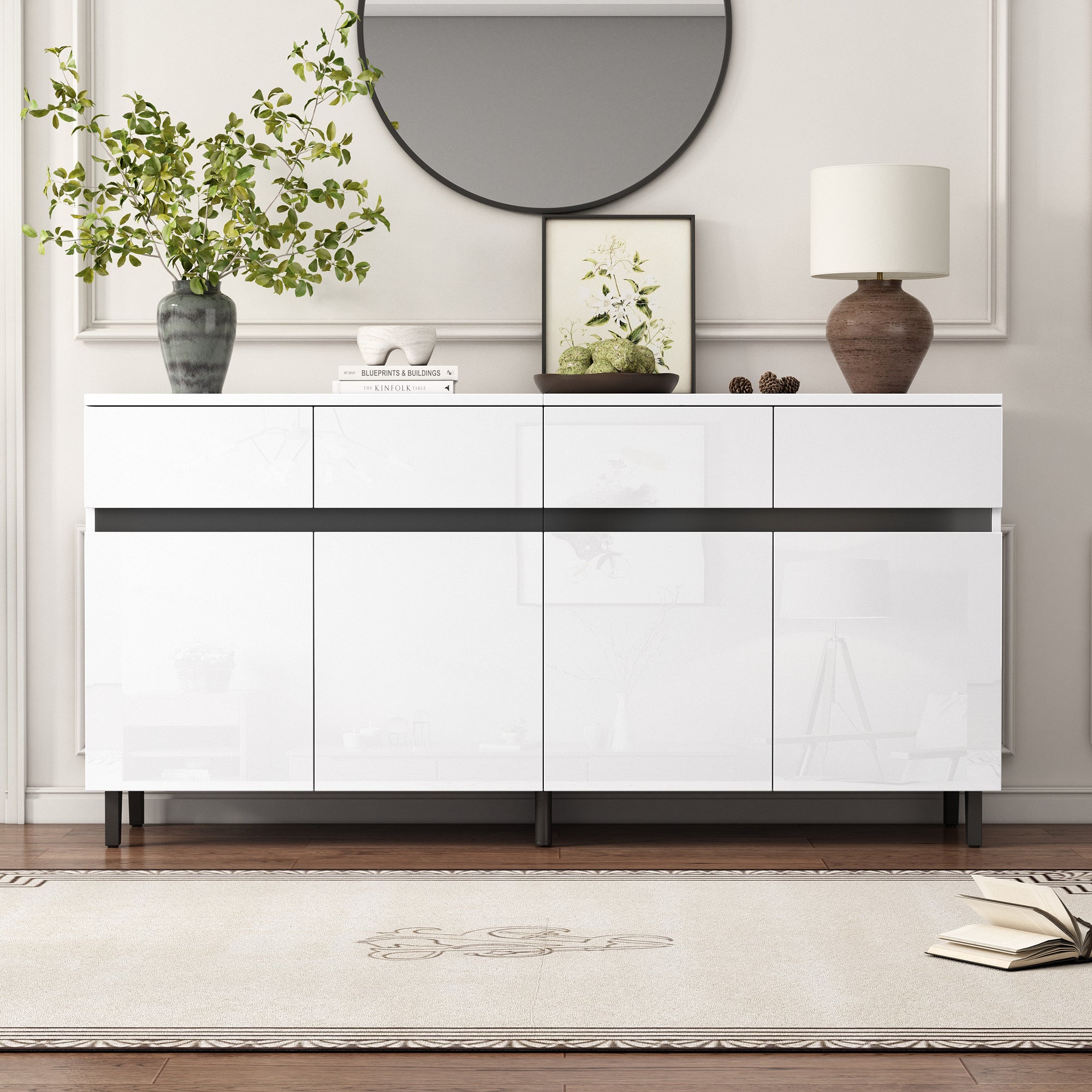 N625P228826849W Sideboard with 4 Drawers, 2 Doors & Adjustable Shelves, High-Gloss White