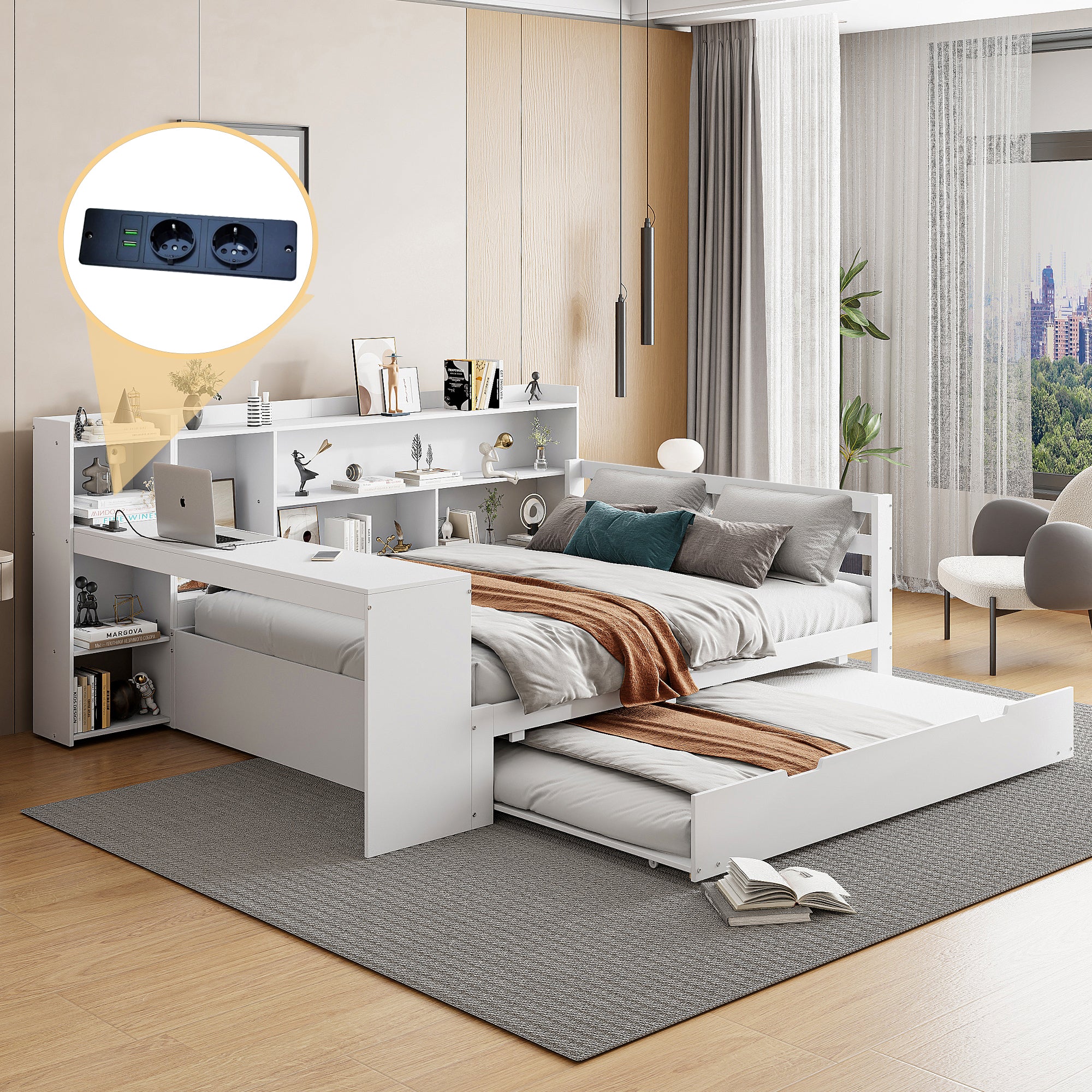Sofa Bed, Multifunctional Double with Desk, Bookshelves, Storage, Power Outlets, Pull-Out Bed, Solid Wood