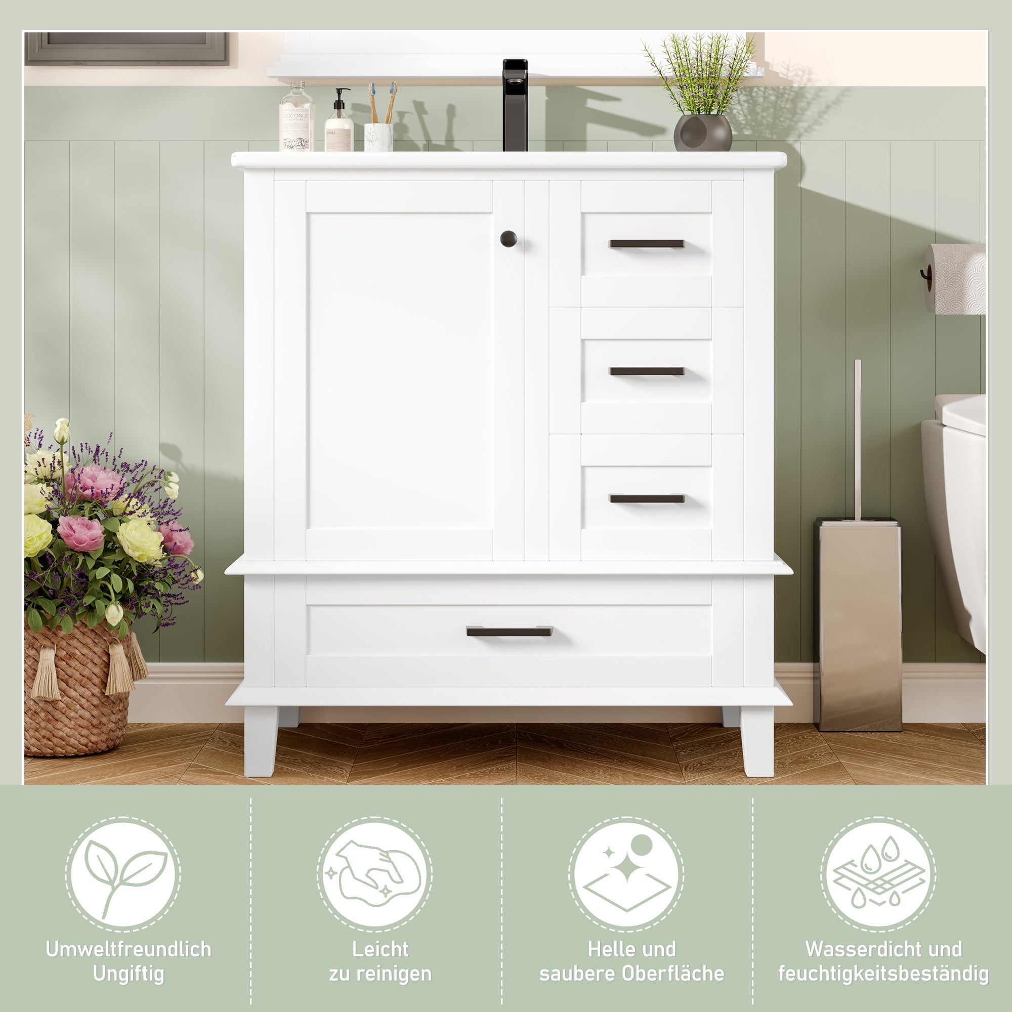 Bathroom Vanity Unit with Ceramic Sink and Three Silent Drawers, White