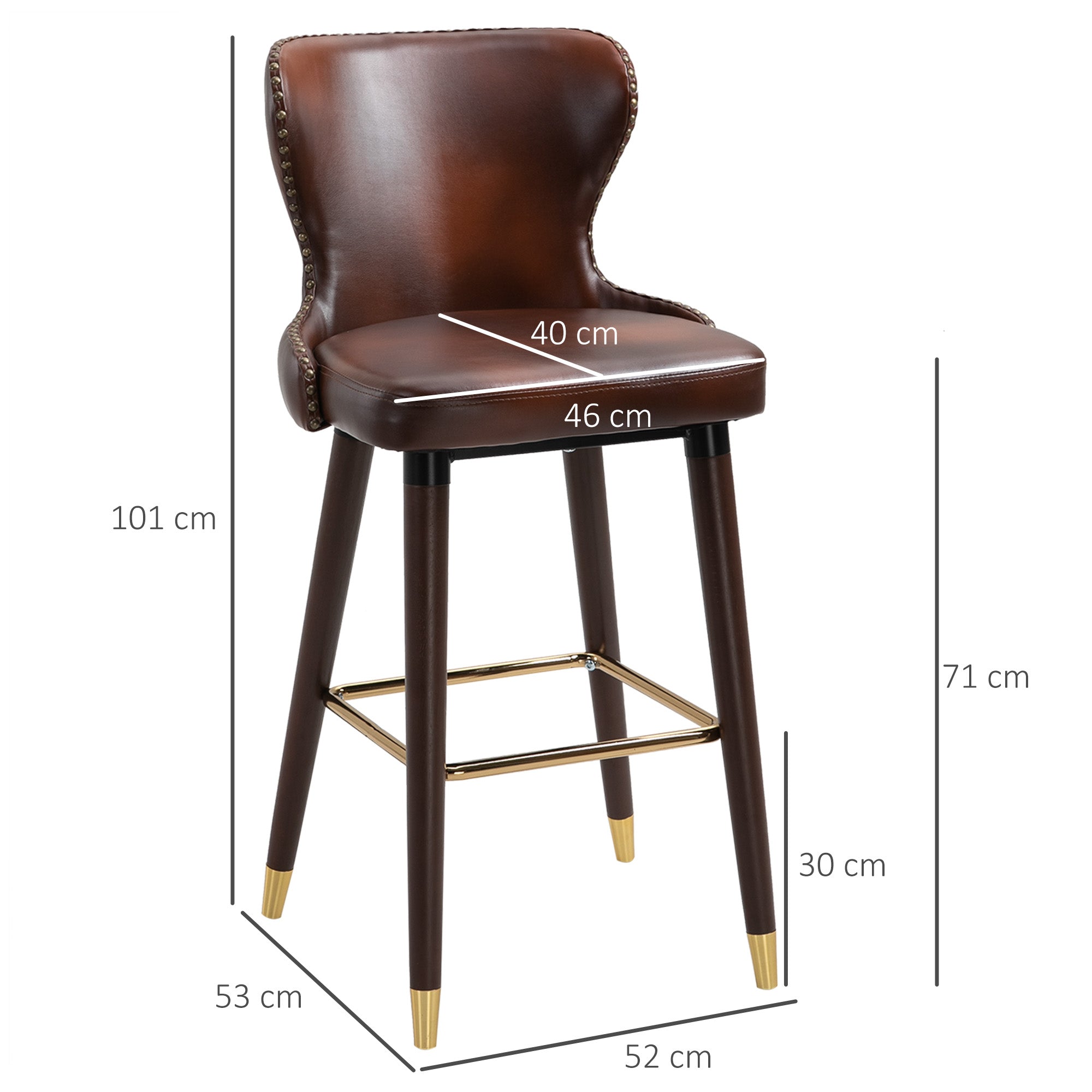Bar Stools Set of 2, Counter-Height Kitchen Stools with Back, Brown PU Leather
