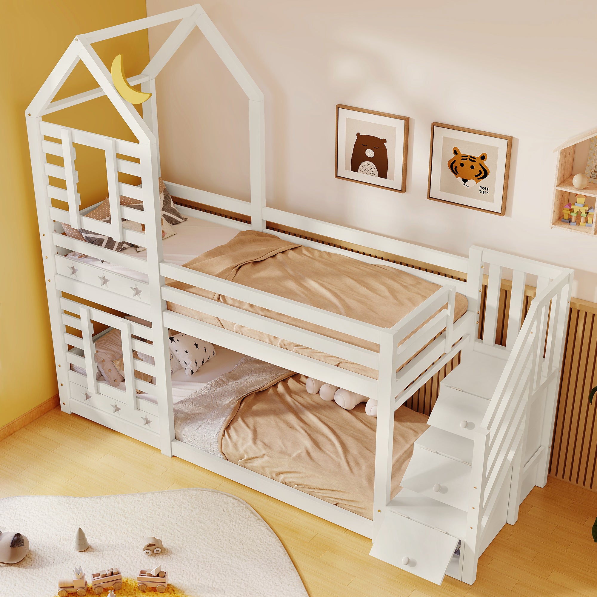 Children's Bed, Tree House Bunk Bed with Drawers & Fall Protection, White