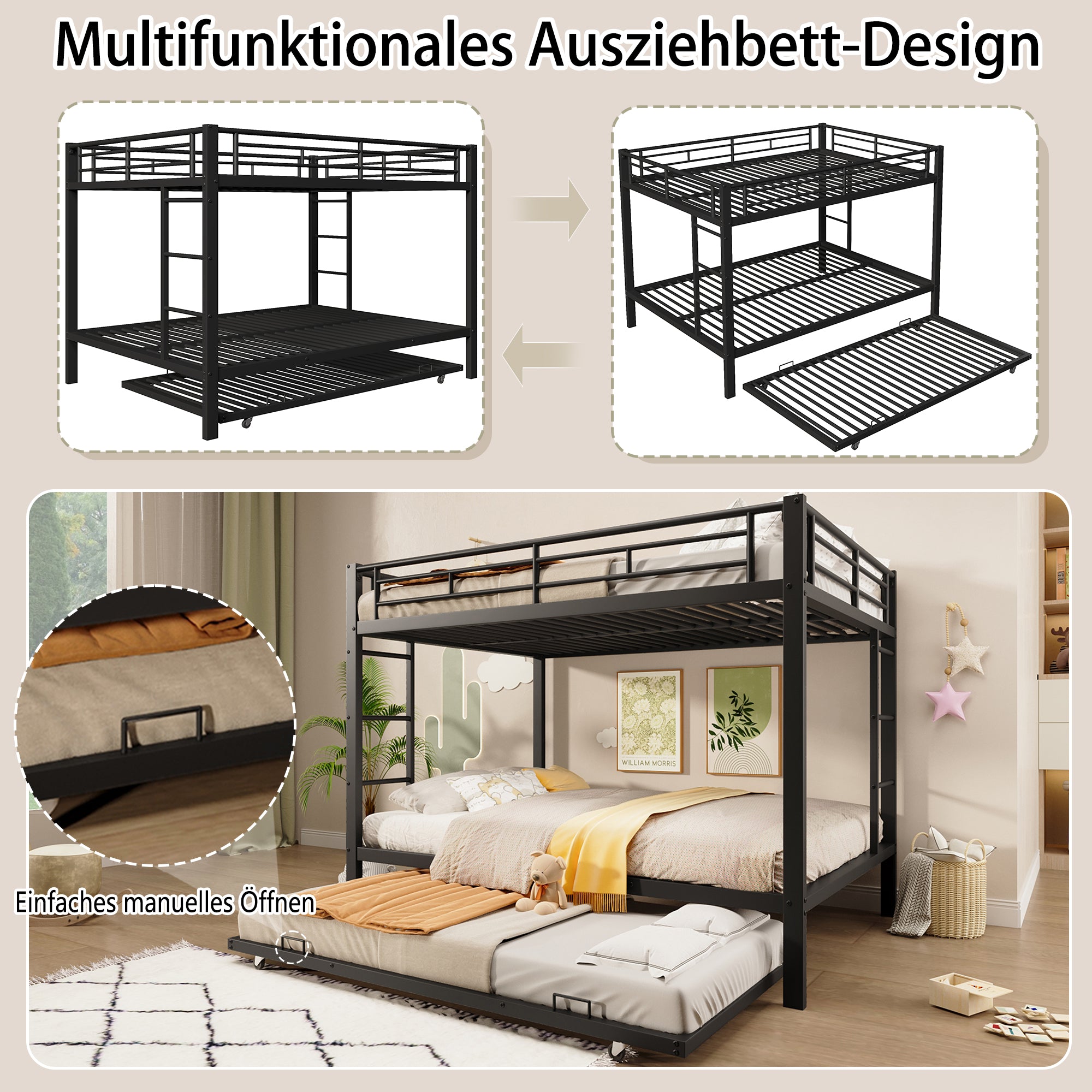 140*200cm Bunk Bed with Pull-out Bed and High Railings, Iron, Black