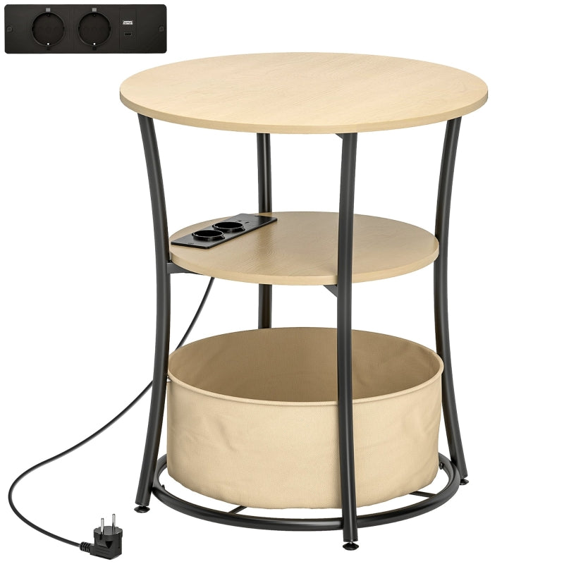 Side Table 3-Tier Charging Station Storage Bag Shelf - Natural Wood