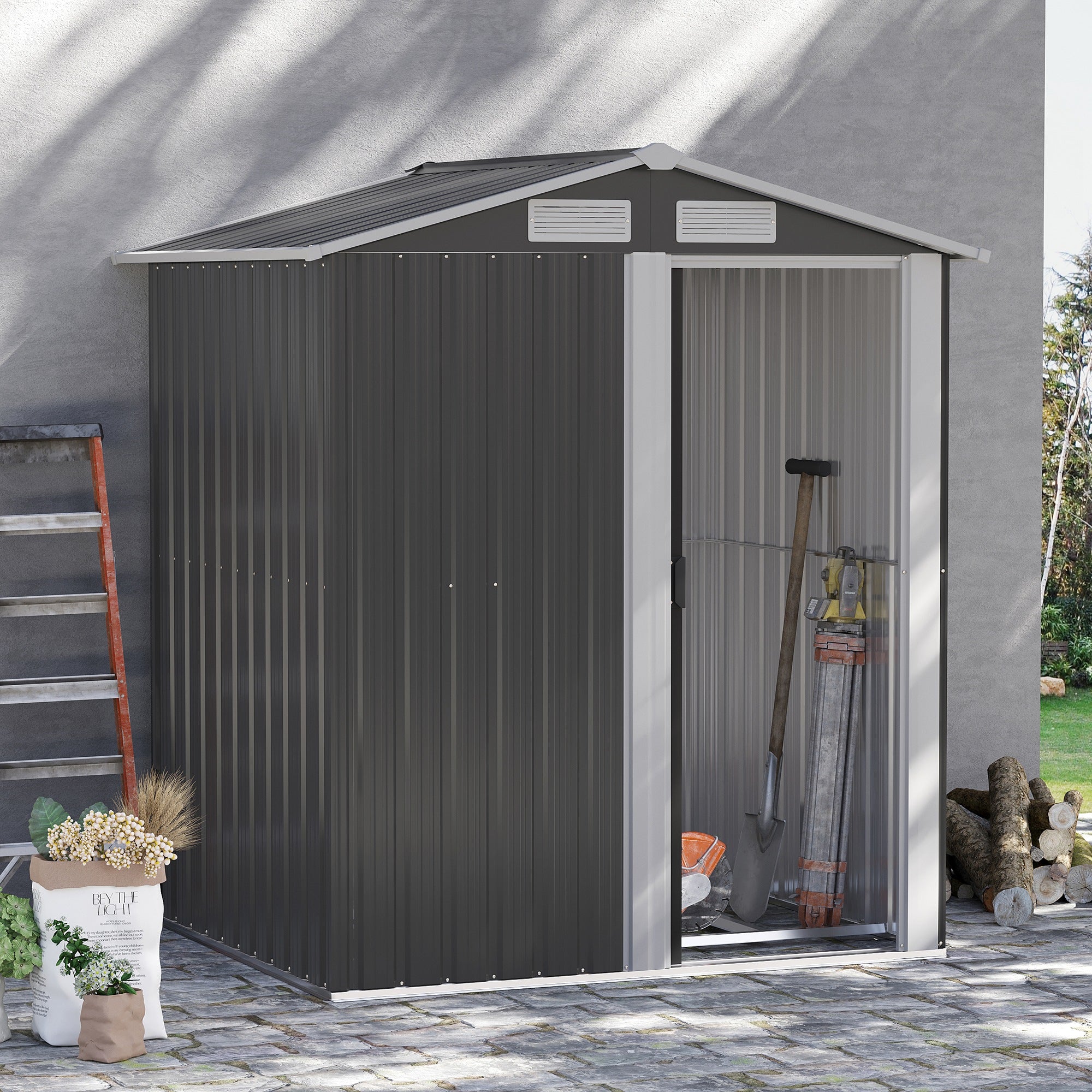 Garden Metal Tool Storage Shed with Sliding Door, Sloped Roof and Foundation Kit, Grey