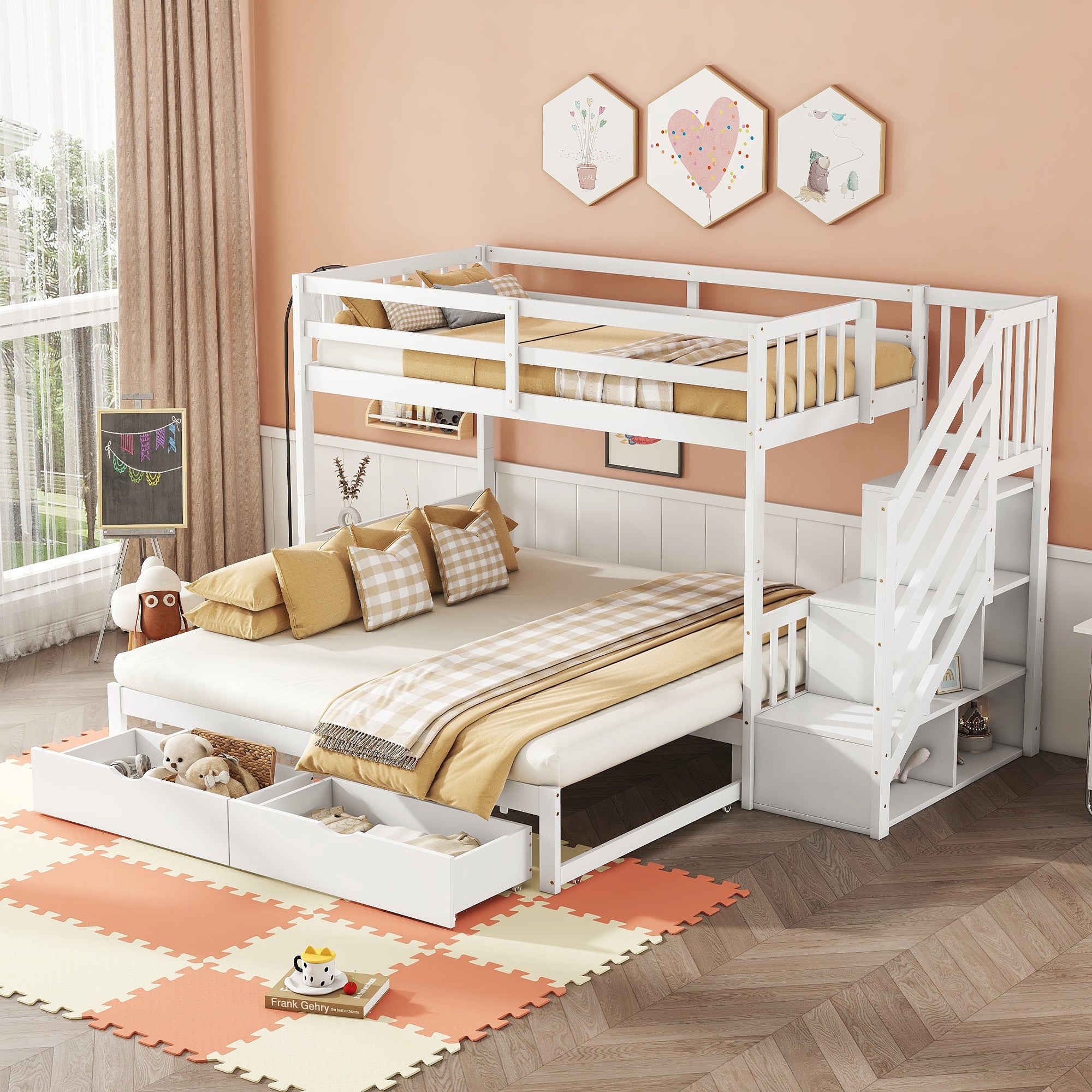 Bunk Bed 90x200cm, Pull-Out Bed, Stowable Steps, 2 Drawers, Pine Wood, White