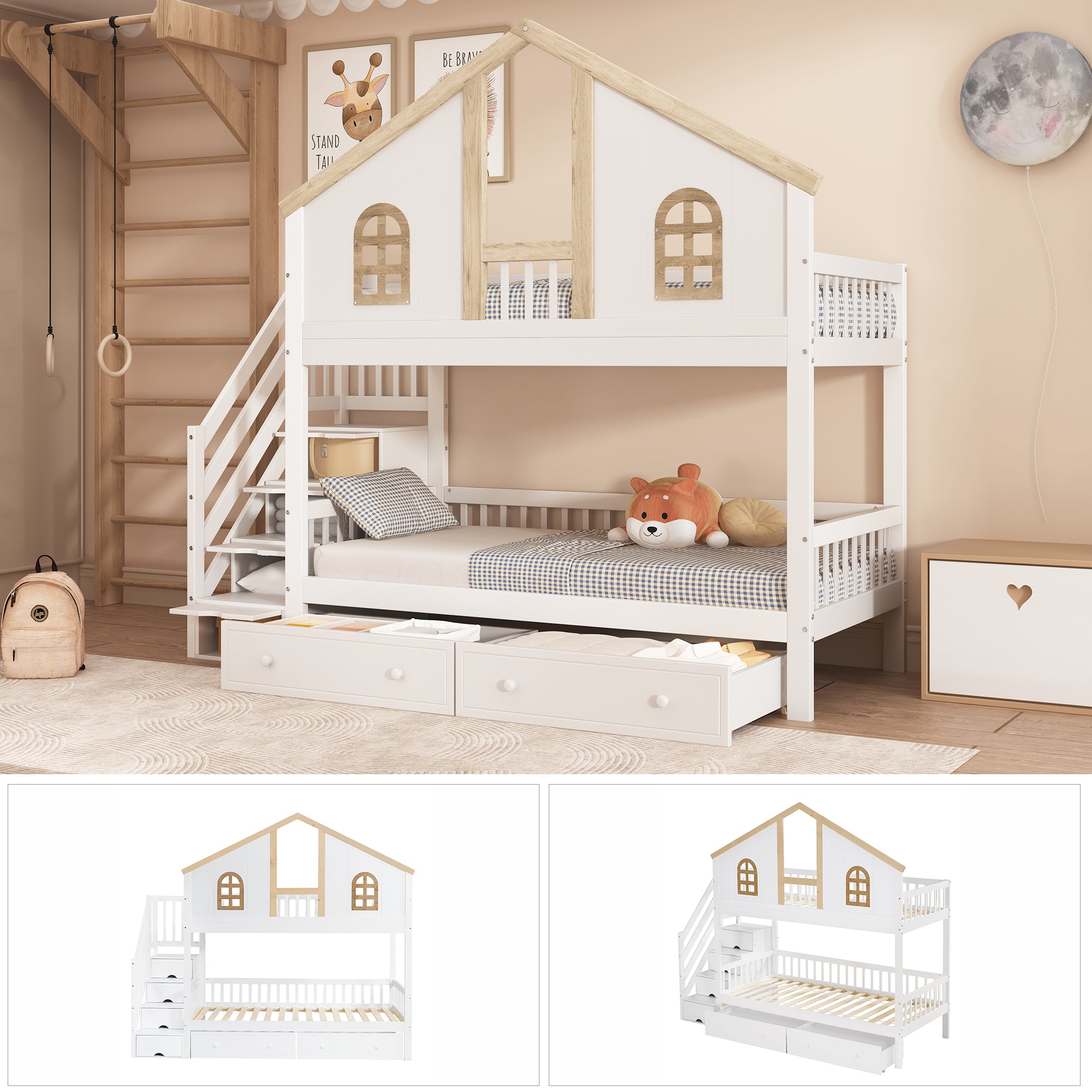 Bunk Bed, Children's with Safety Gate, Drawers & Storage Stairs, Pine+MDF, White+Natural