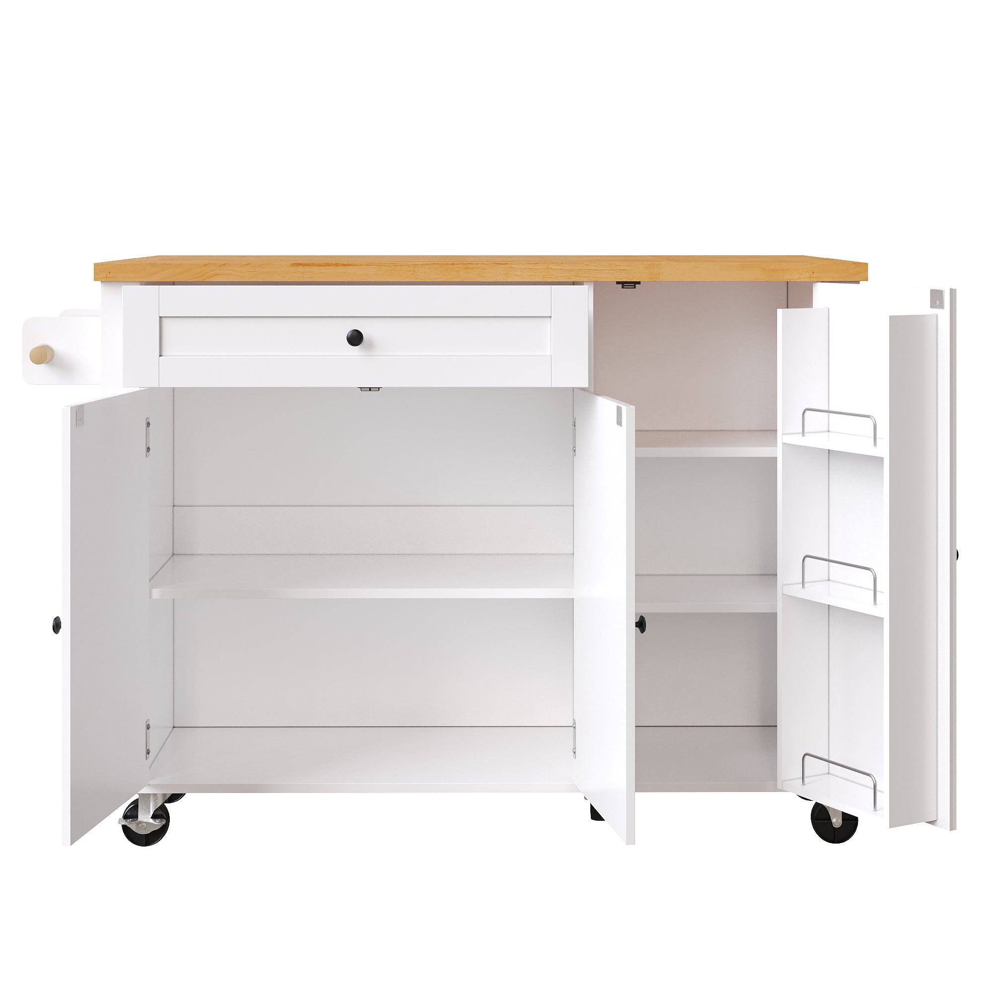 Mobile Kitchen Island with Foldable Table and Storage Drawers, White MDF