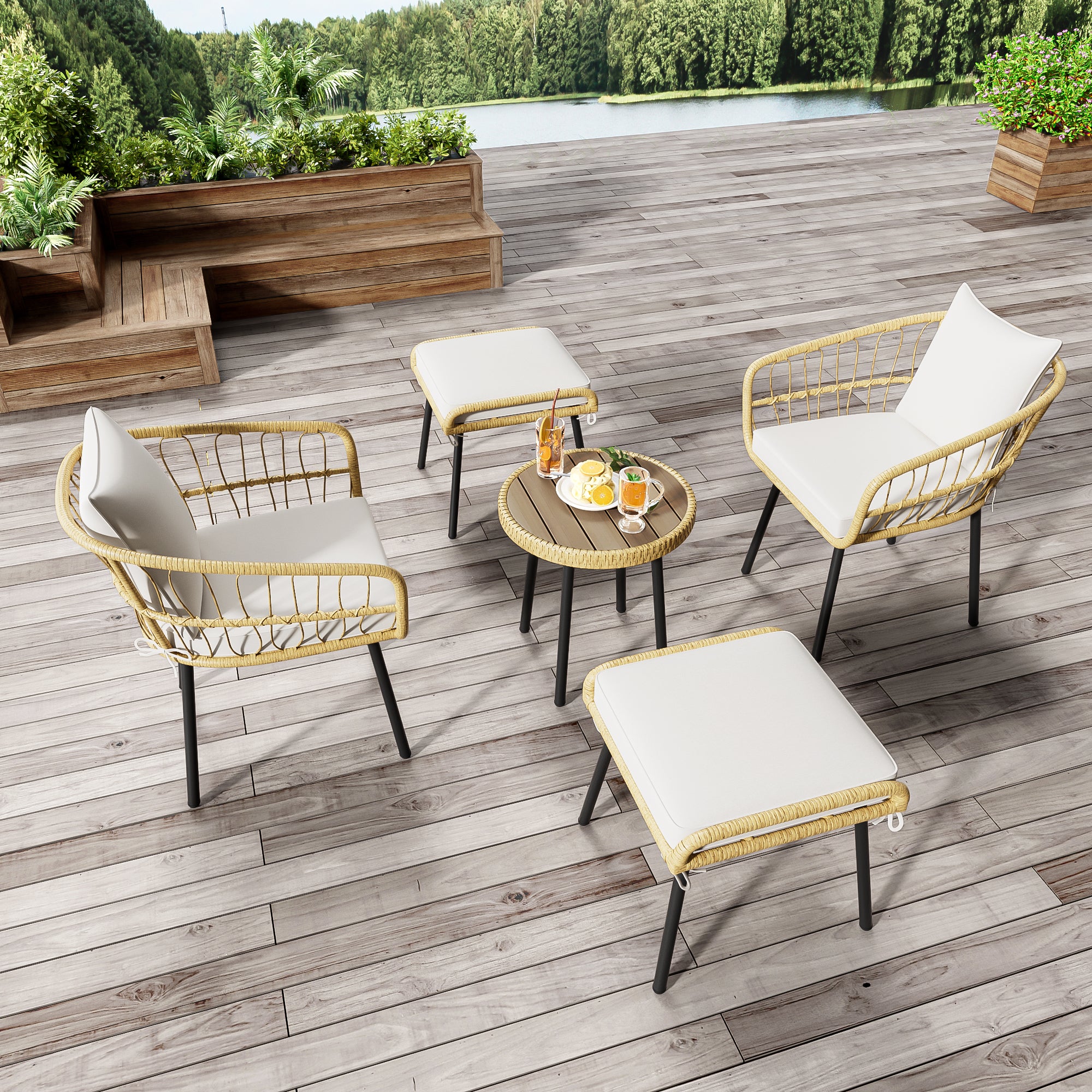 5-Piece Garden Lounge Set 1 Table 2 Chairs 2 Stools - Rattan Natural