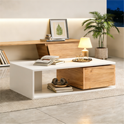 Coffee Table High-Gloss 360° Rotating Drawer Storage 90x50x30cm - White/Wood