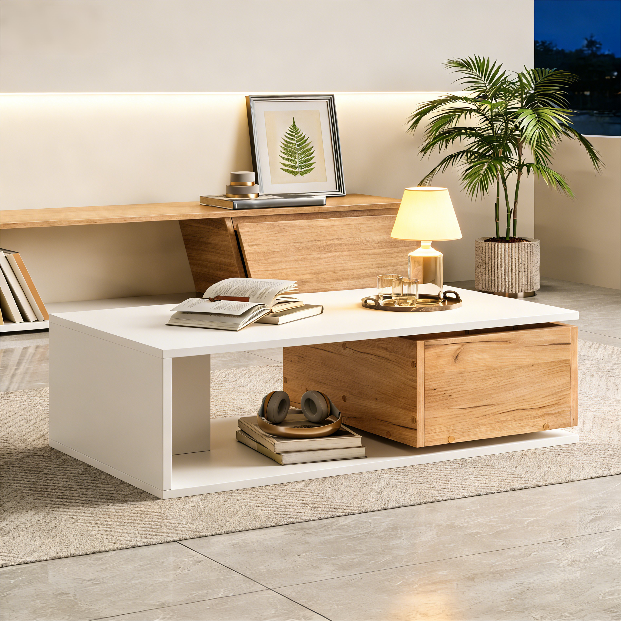 Coffee Table High-Gloss 360° Rotating Drawer Storage 90x50x30cm - White/Wood