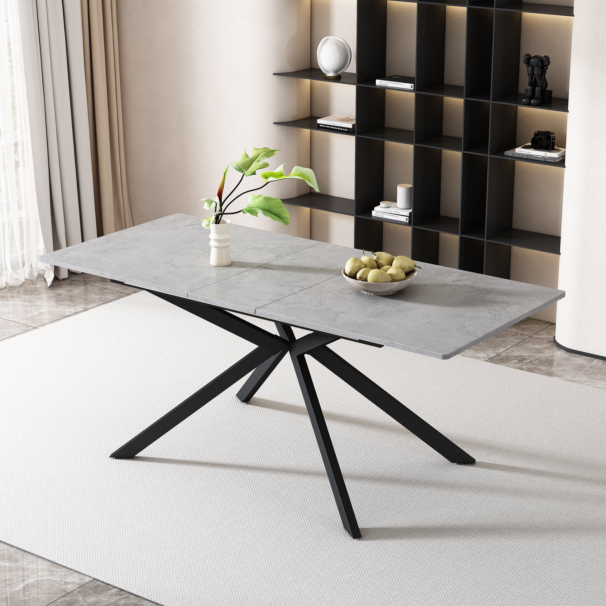 Extendable Dining Table Automatic Rectangular Cross Leg L150/180cm - Cement Pattern Black/Grey