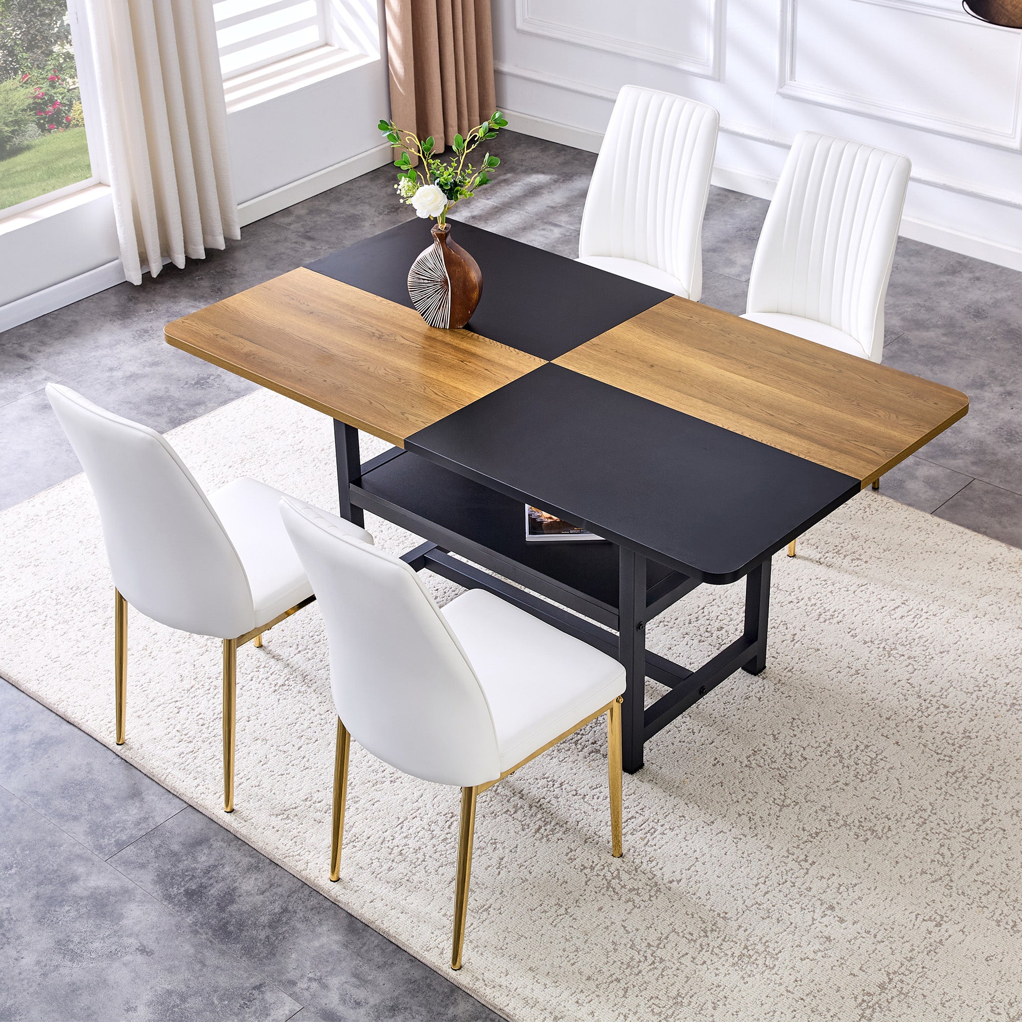 Table set with rectangular dining table, storage shelf, 4 armchairs, faux leather