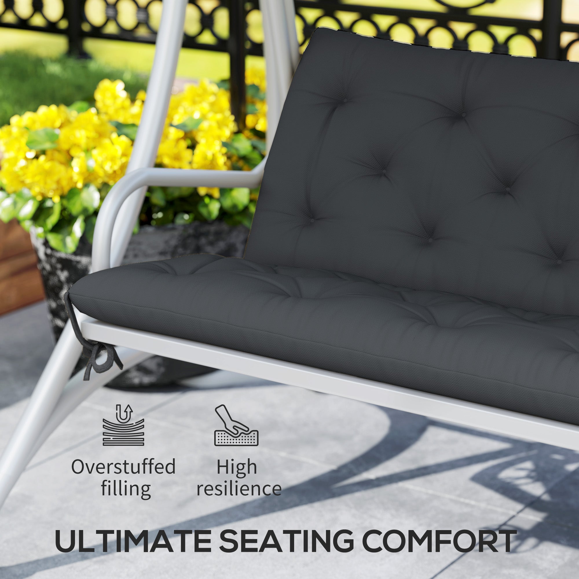 3 Seater Bench Pad Cushion with Back and Ties, Black