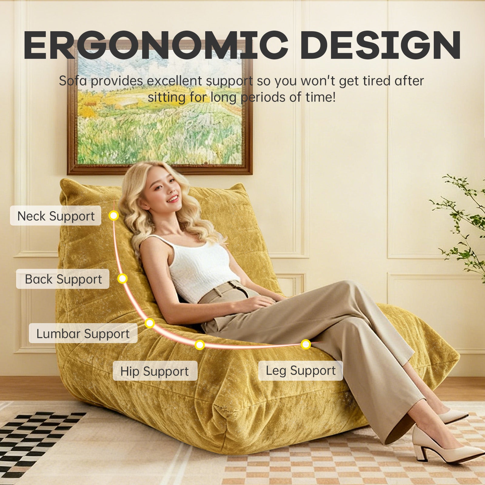 Luxury Silver Thread Chenille Bean Bag Lazy Sofa - Neck Lumbar Hip Support, Stain-Resistant, Non-Slip - Chenille