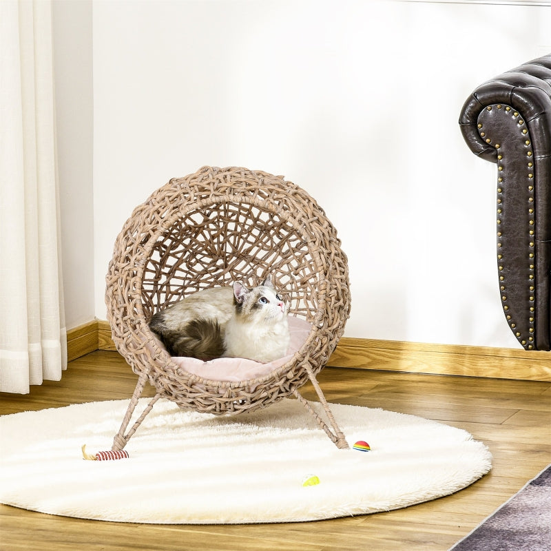 Rattan Cat House, Cushion Cat Cave, Raised Feet, Natural