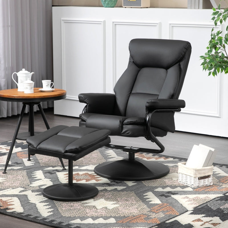 Swivel Recliner Chair with Footstool, Upholstered Steel Base, PU Leather Black