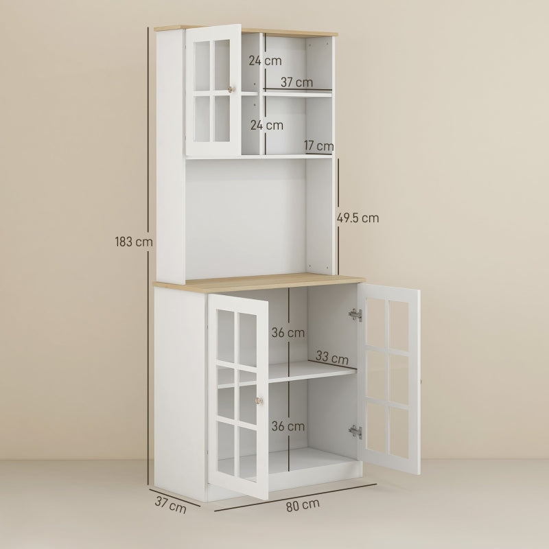 Freestanding Kitchen Cupboard, Storage Cabinet Grid Glass Doors - White