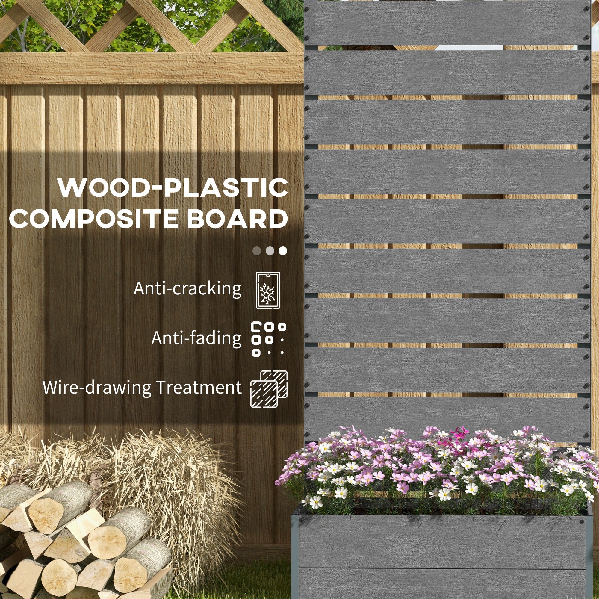 Garden Planter Box with Back Trellis, Grey