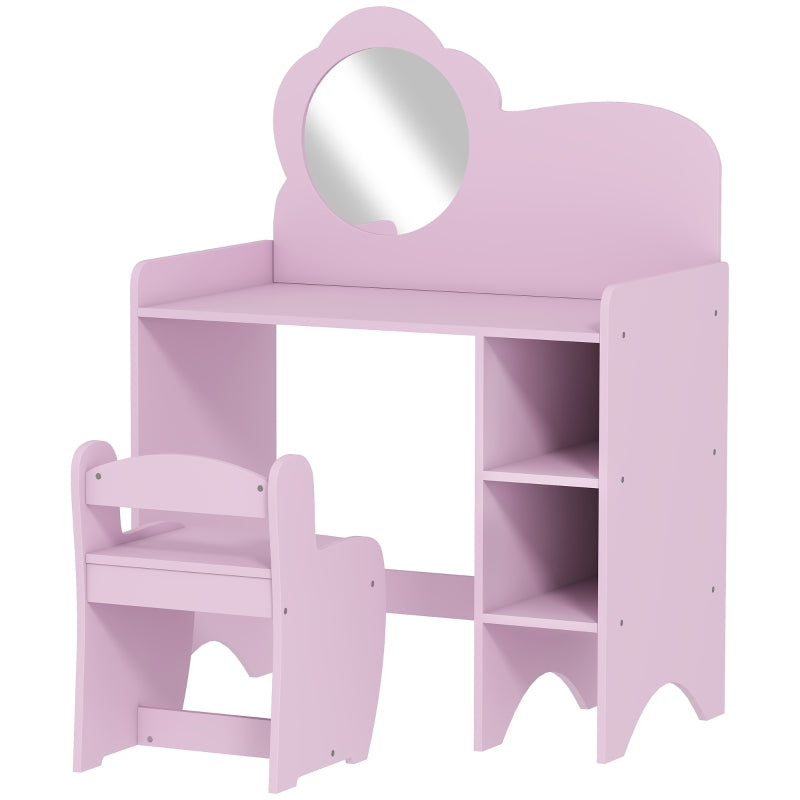 Kids Dressing Table, Vanity Set with Mirror Stool and Shelves, Purple