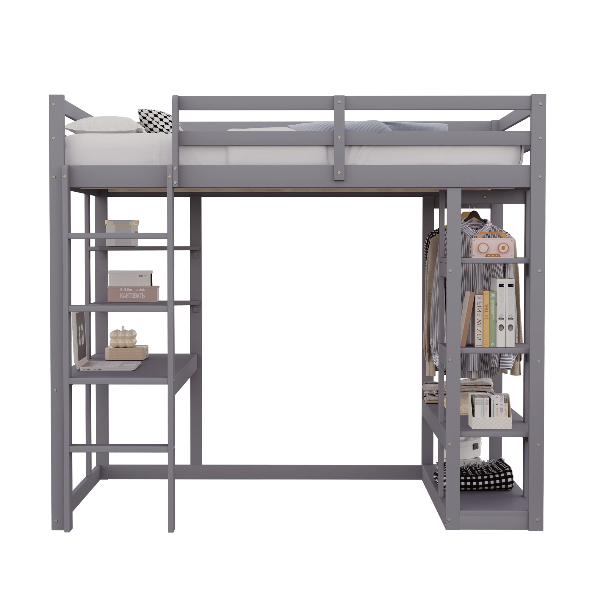 Loft Bed with Ladder, Table & Shelves, 140x200 cm, Solid Wood Grey