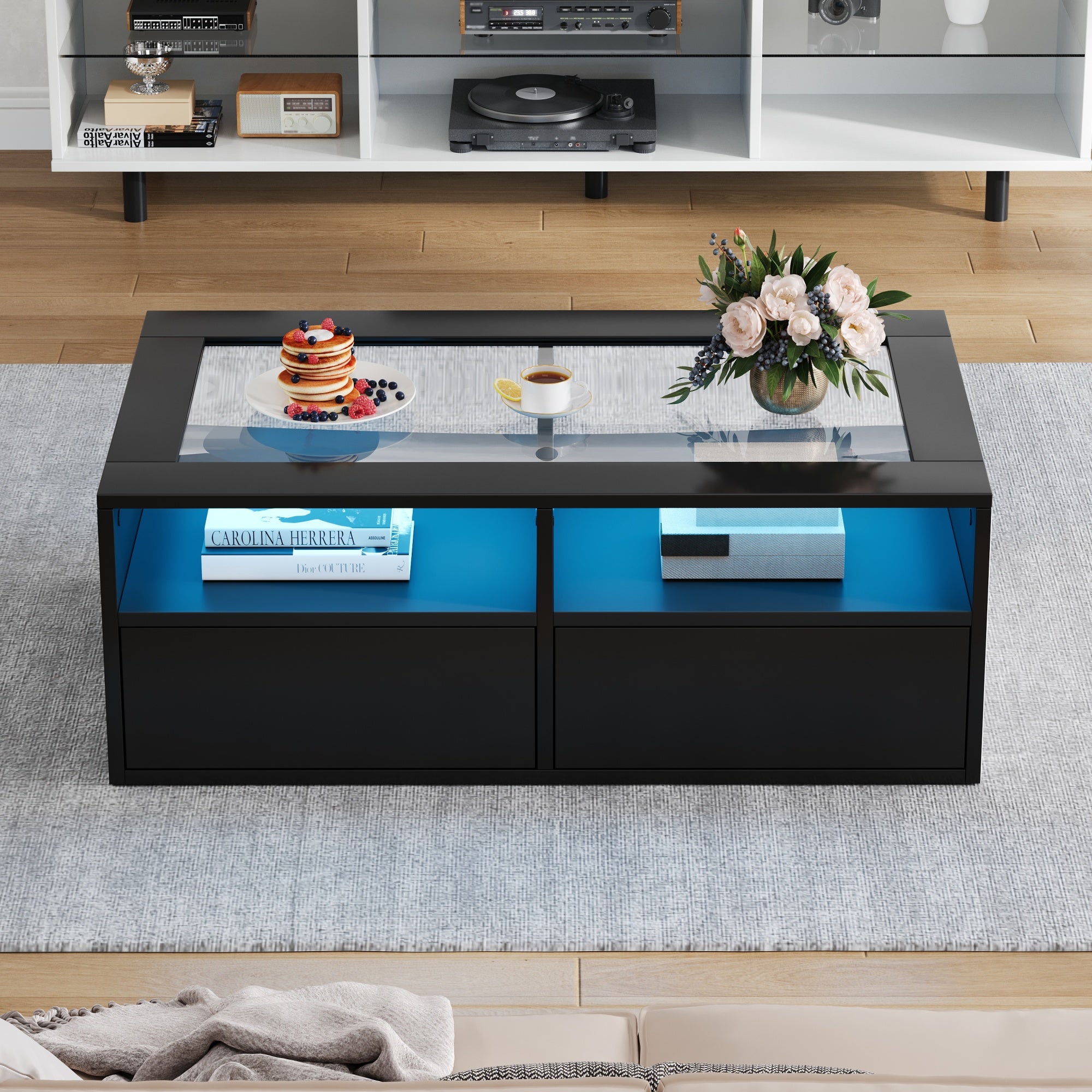 Coffee Table 100x50x35cm LED Light 2 Drawers Glass Storage Black