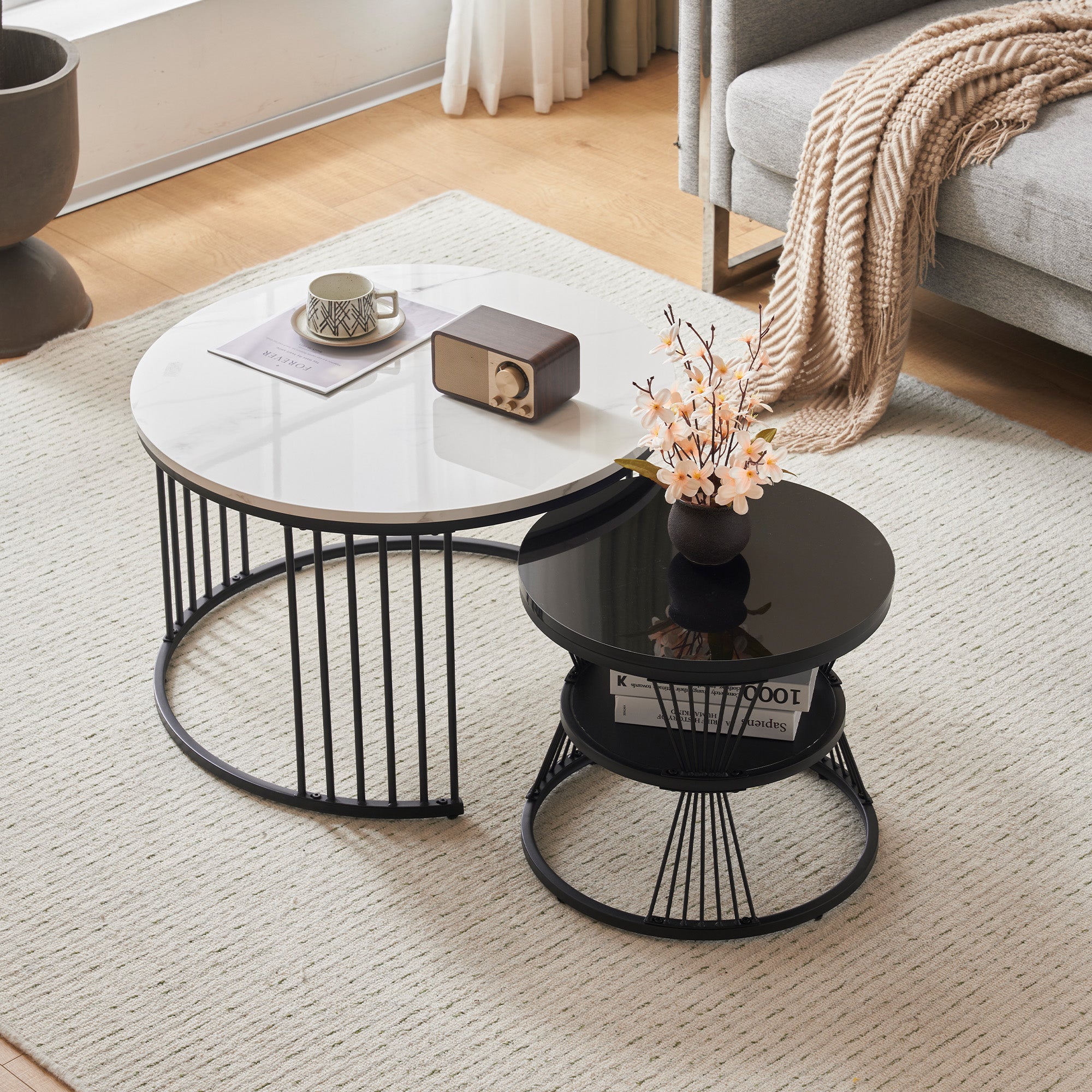 Modern Nesting Coffee Table, High Gloss Marbled, Set of 2, Black Frame