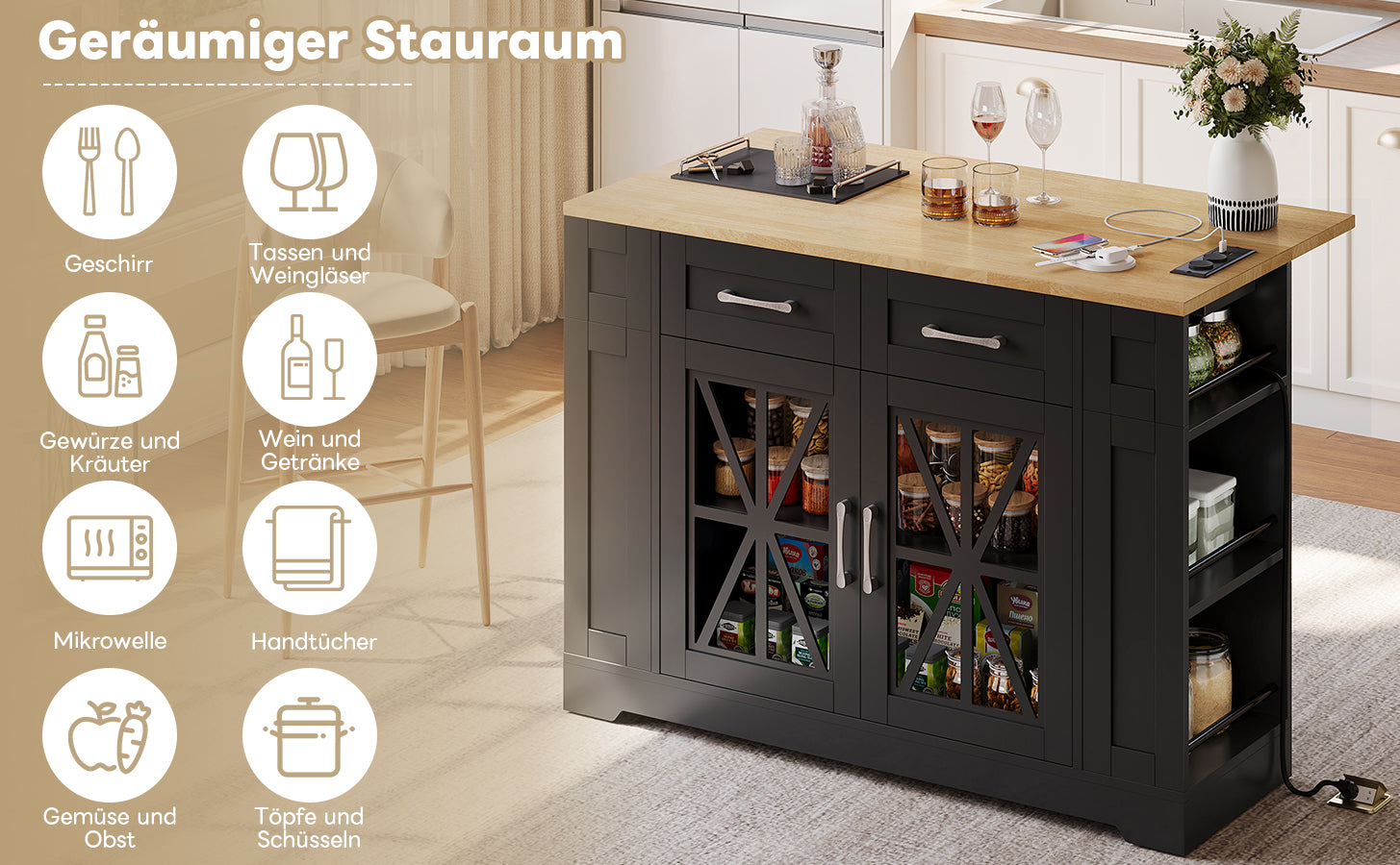 Portable Kitchen Island with Folding Dining Table, AC and USB Ports and Glass Door, Wood Effect