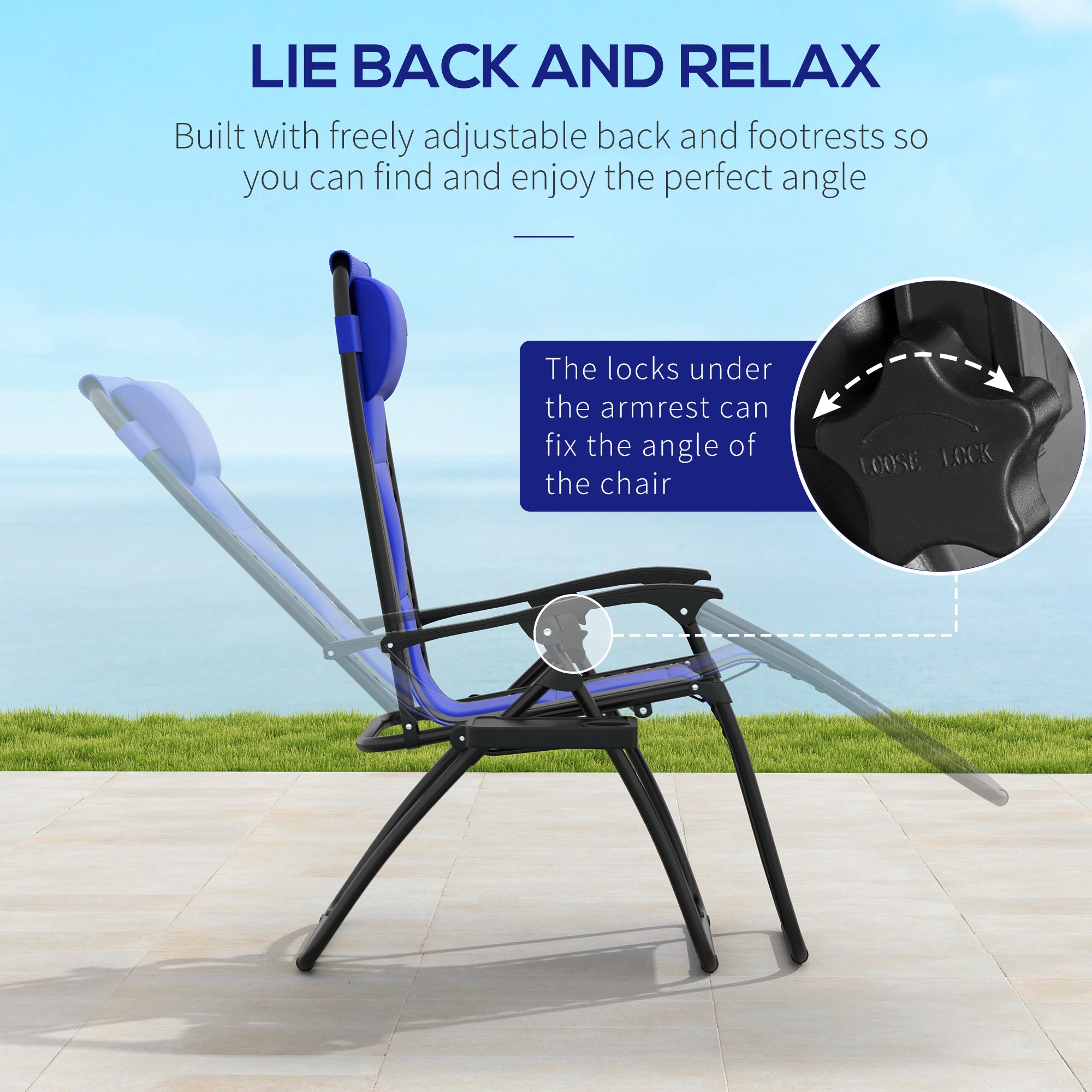 Zero Gravity Lounger Chair Set of 2, Folding Reclining with Cup Holder, Blue