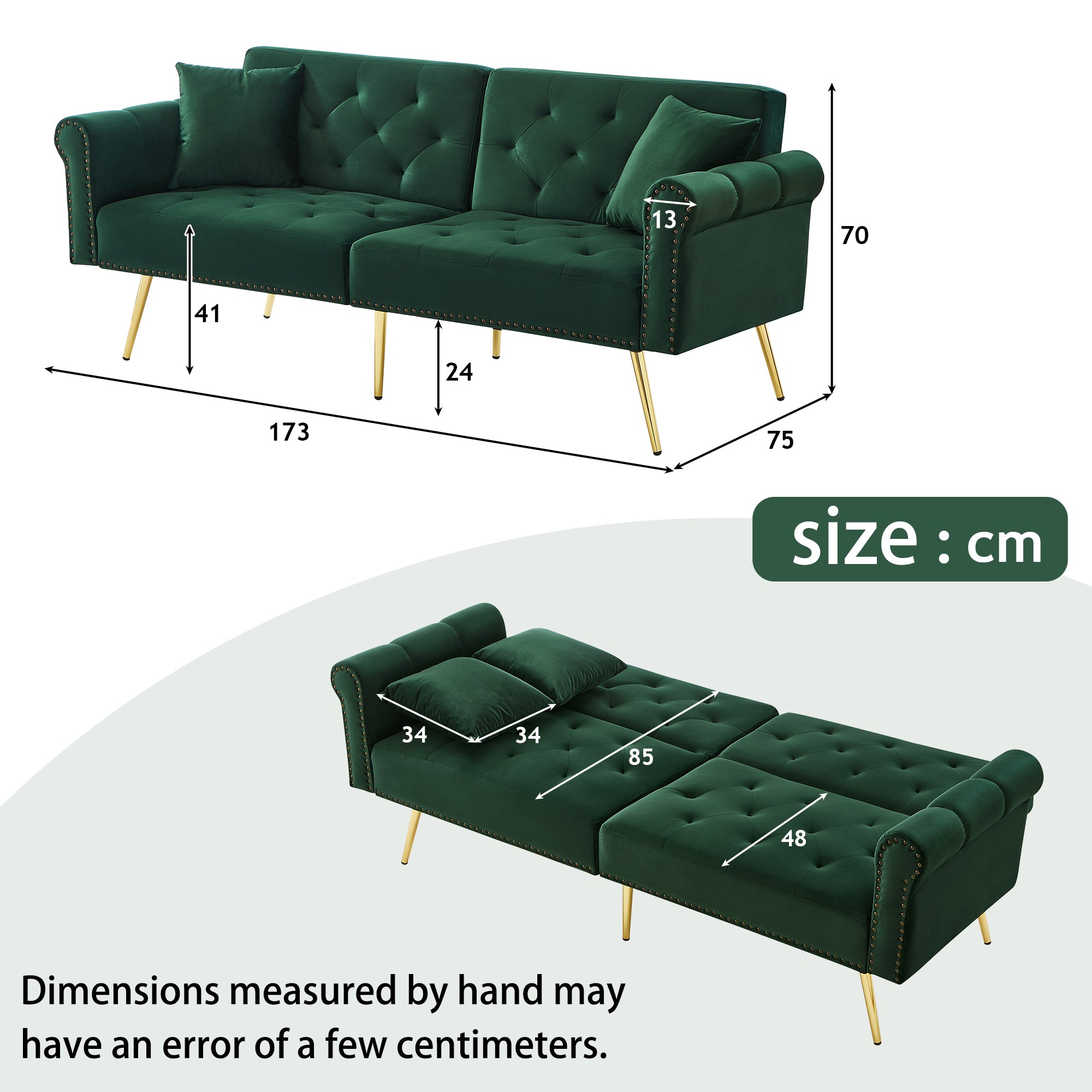 Modern 2-Seater Sofa Bed with 3-Stage Adjustable Backrest, Velvet Upholstery Green