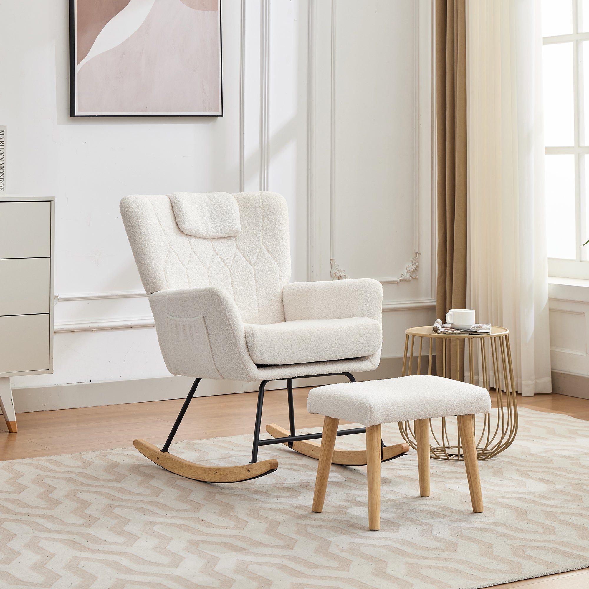 Ergonomic Rocking Chair with Footstool, High Backrest, 30-degree Rock, White Rubberwood