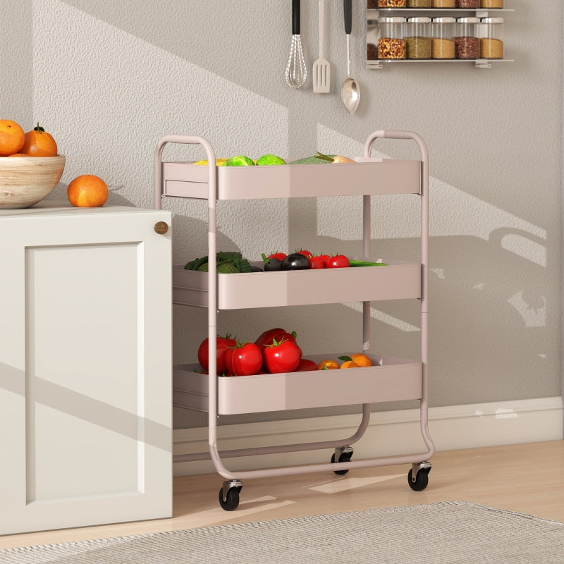 3-Tier Storage Trolley on Wheels Utility Cart Mesh Baskets Light Pink
