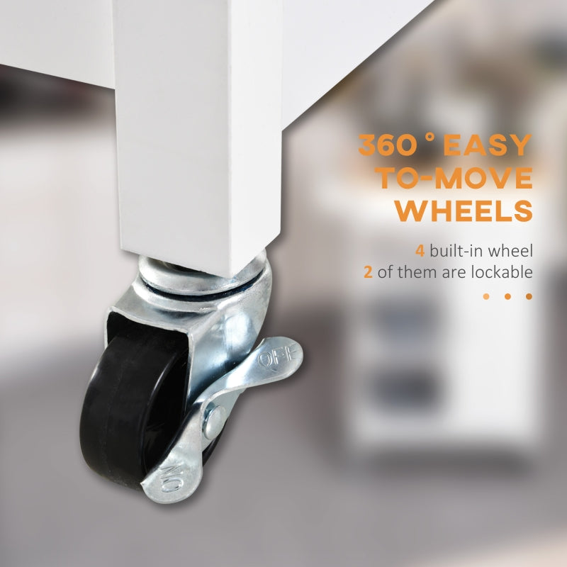 Kitchen Trolley Island on Wheels, 3 Shelves Storage Cupboard, Wood Top, White