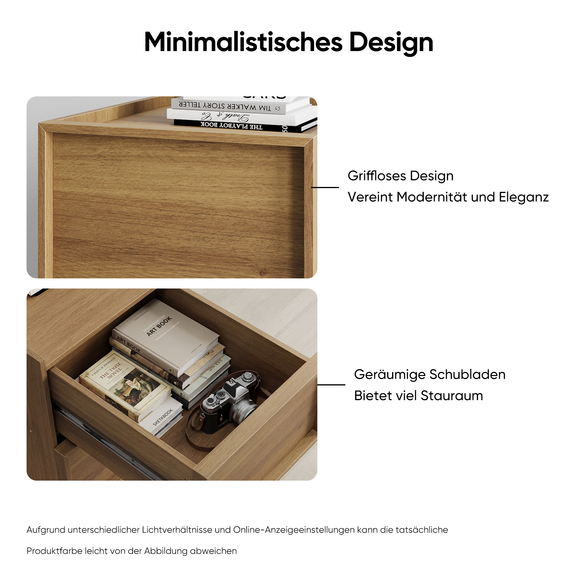 Medieval-Modern Bedside Table with 2 Handleless Drawers and Metal Rails, Oak Look MDF