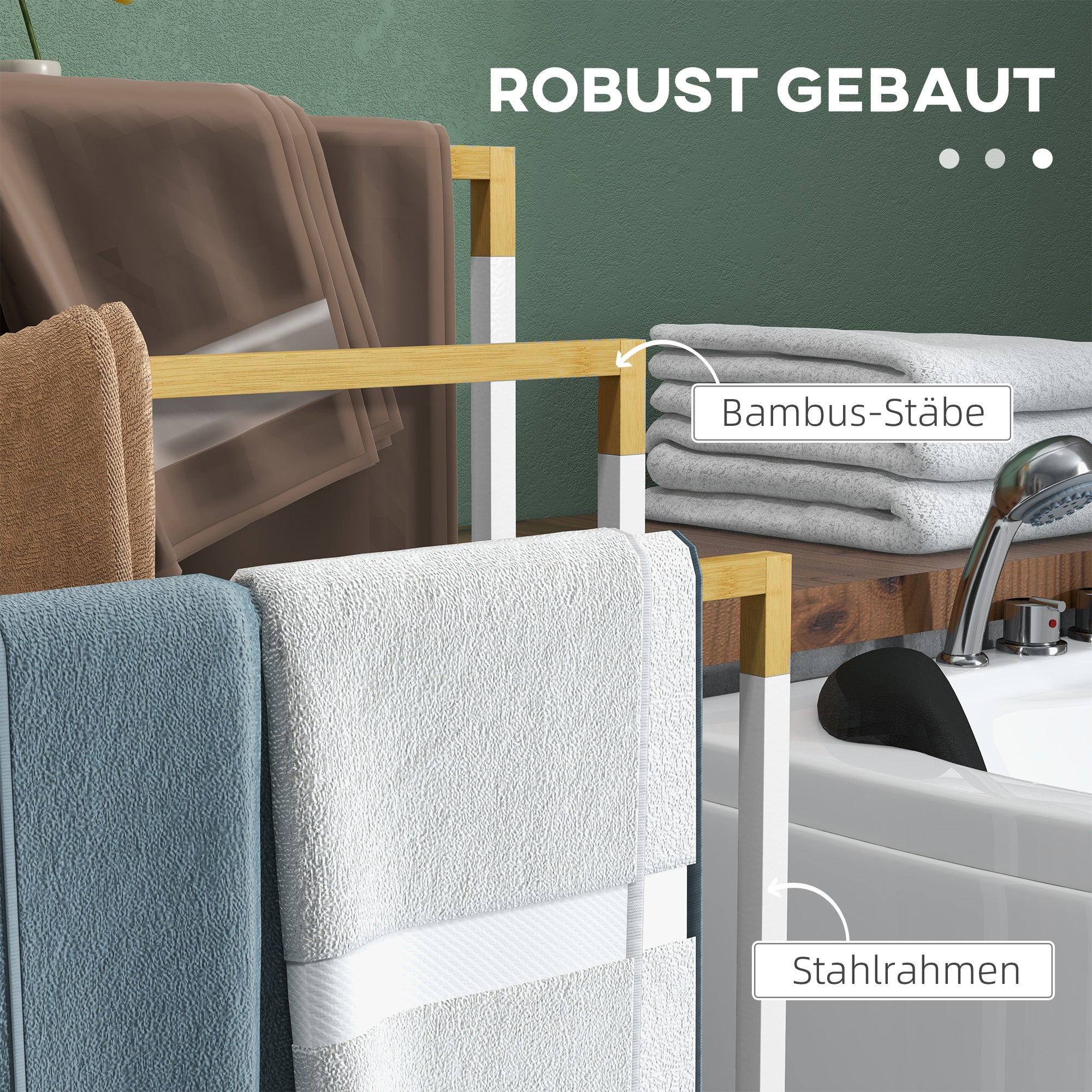 Freestanding Towel Rack, 3 Bars Bathroom Towel Holder, Steel and Bamboo, White