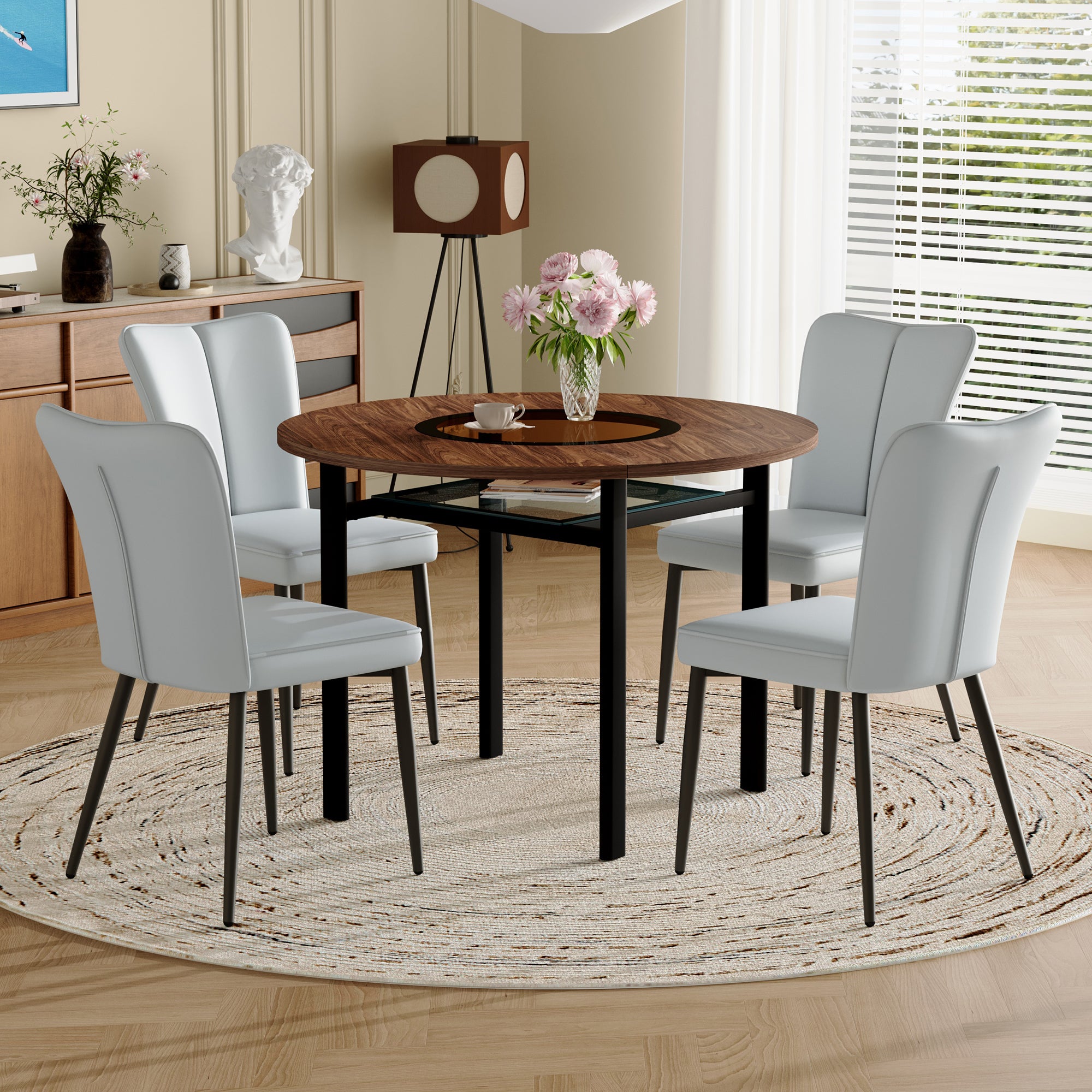 Modern Minimalist Round Dining Table Set, 100cm Diameter 4 Chairs Wood Look/Light Grey PU