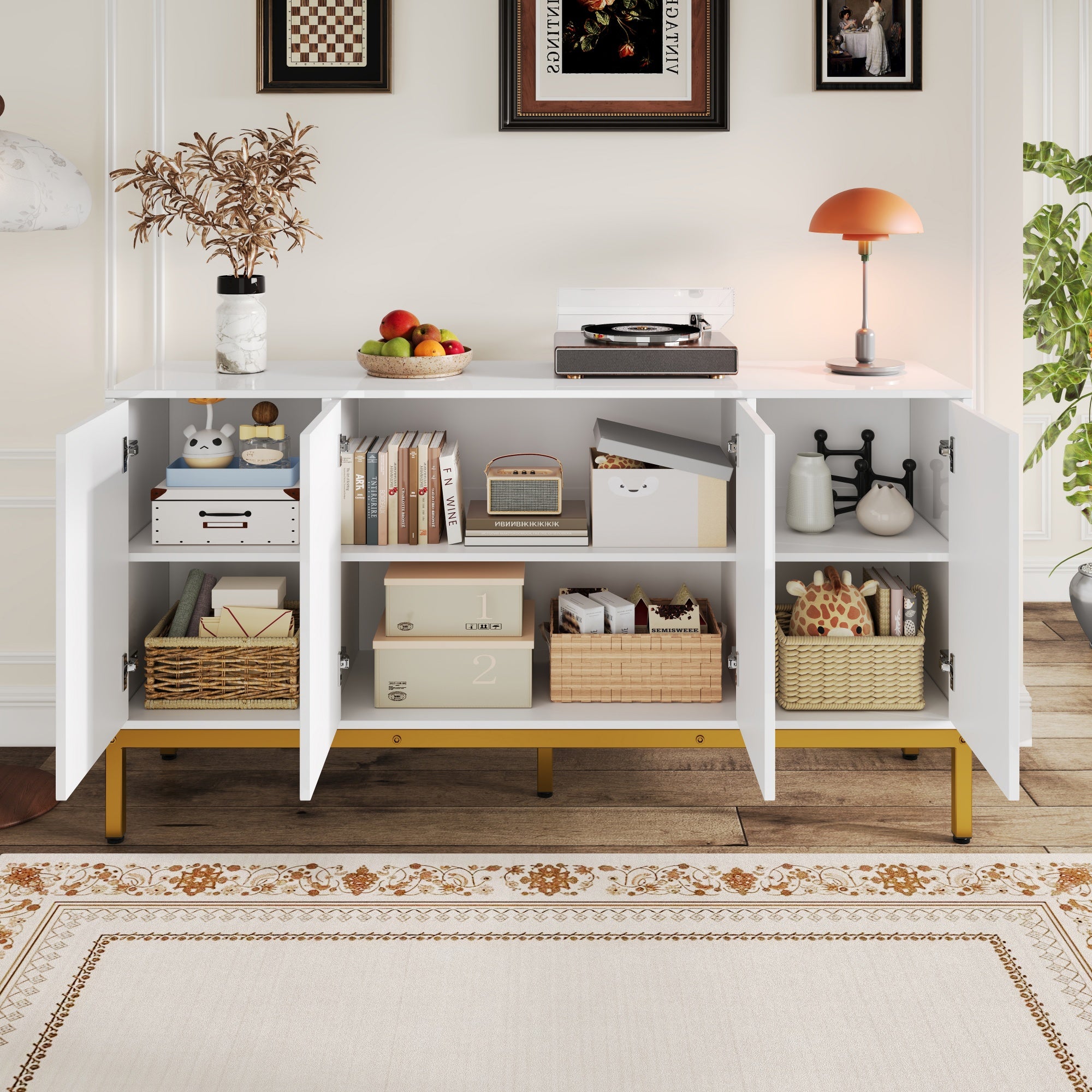 Sideboard, High-Gloss Storage Unit with Shelves, Gold Handles and Legs, White
